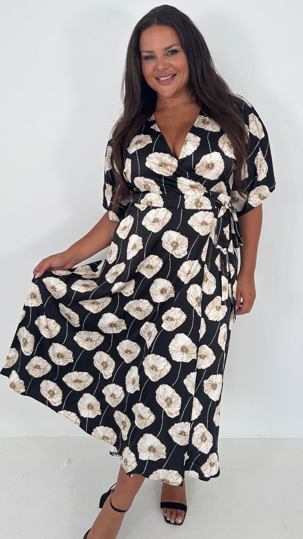 CurveWow Kimono Wrap Midaxi Dress White Poppy