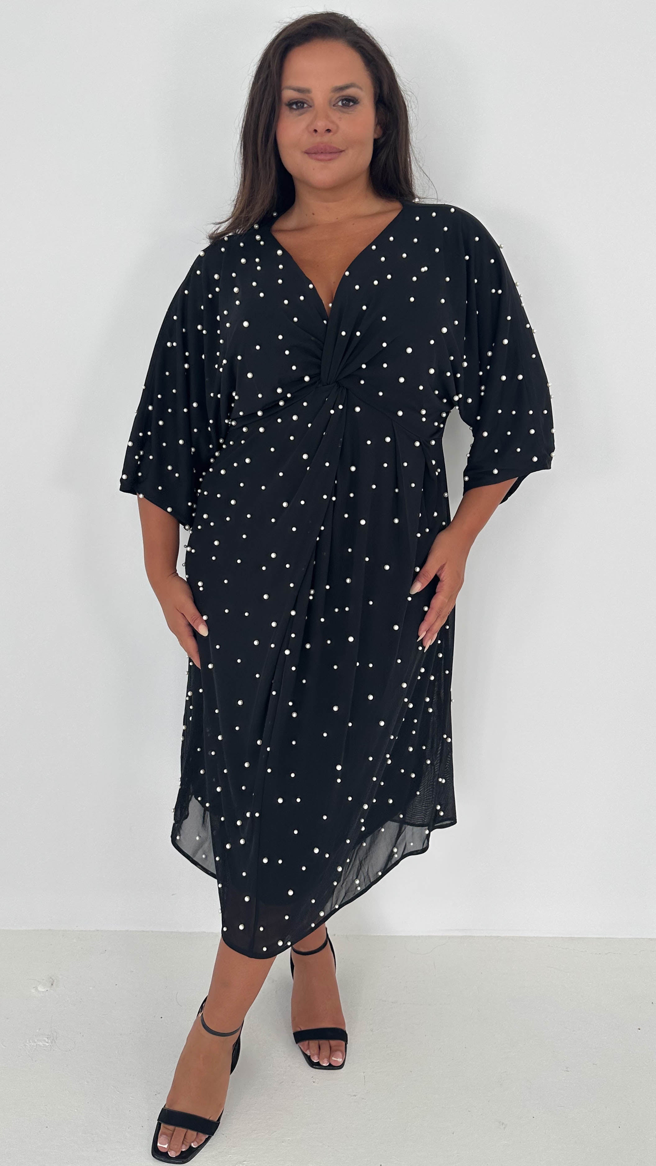 CurveWow Pearl Embellished Knot Front Dress Black