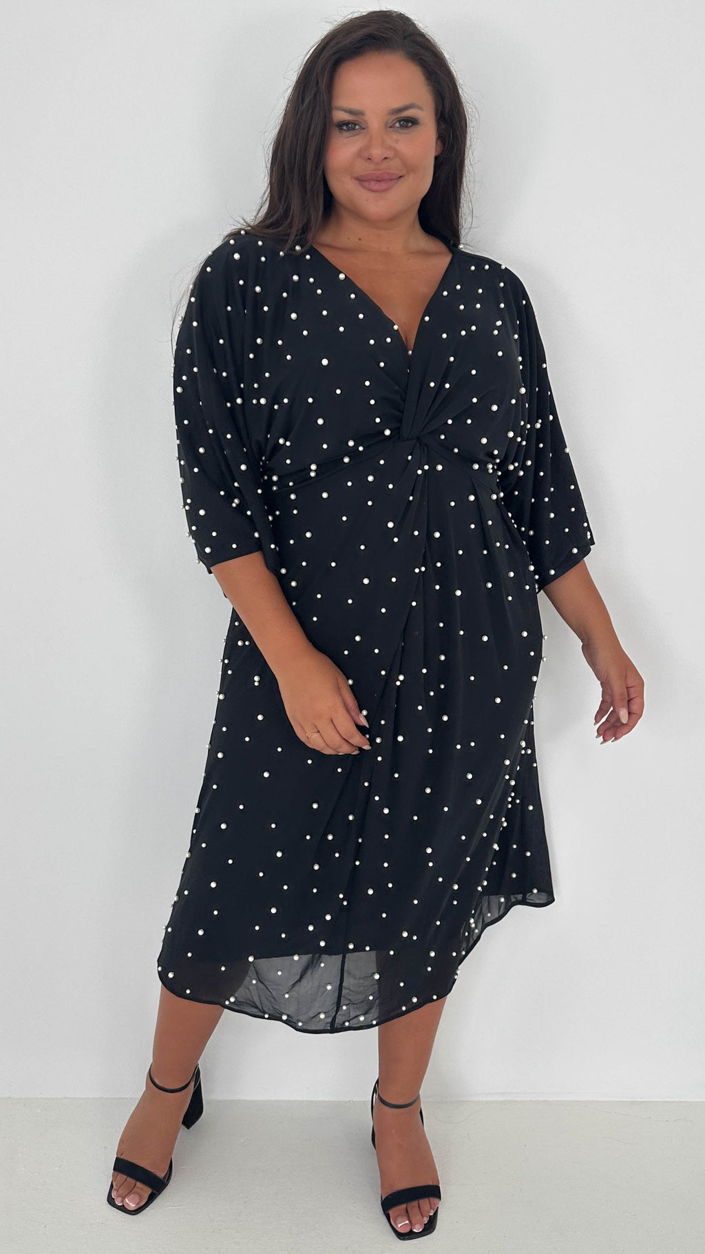 CurveWow Pearl Embellished Knot Front Dress Black