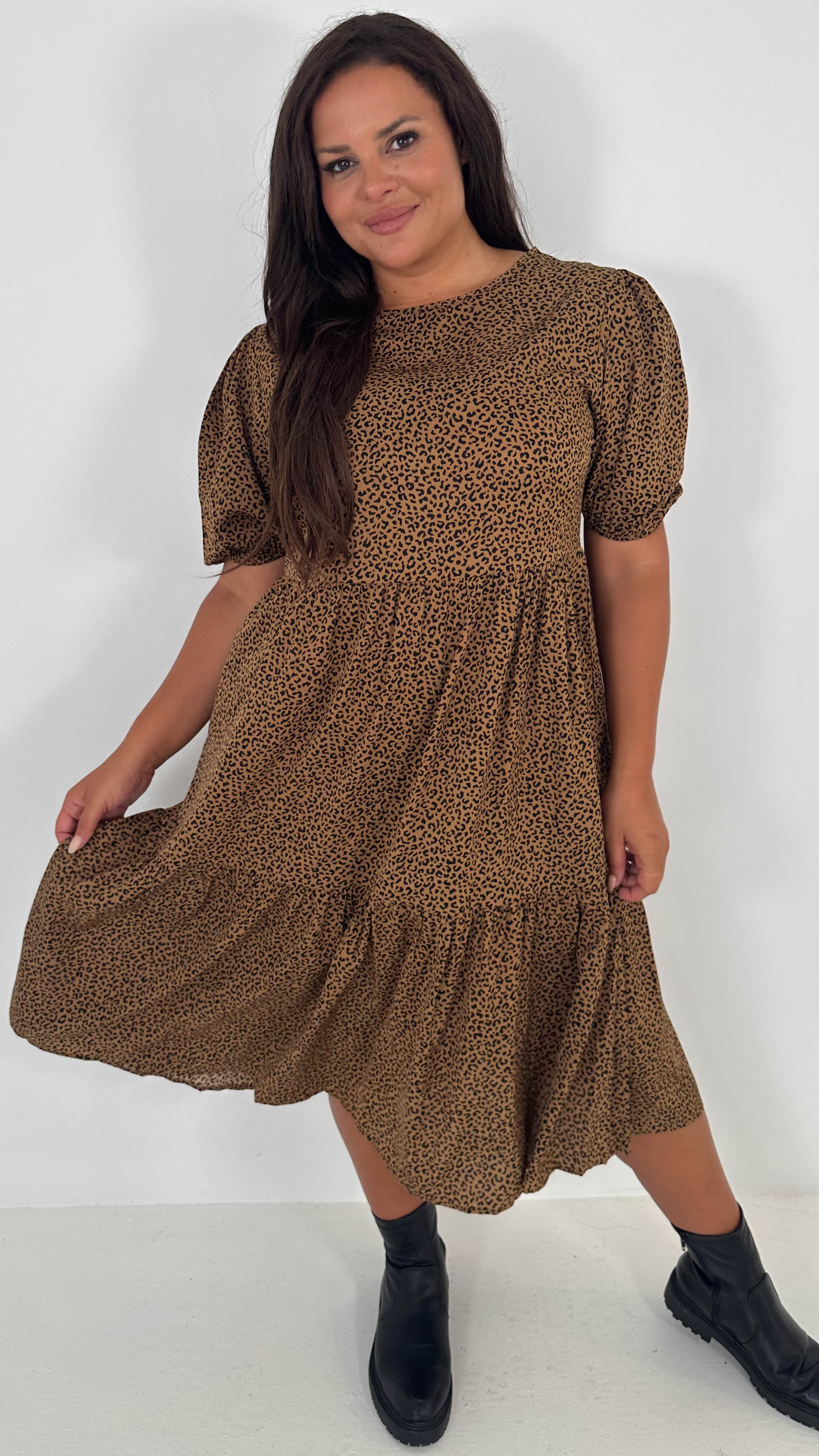 CurveWow Printed Midi Smock Dress Black Animal