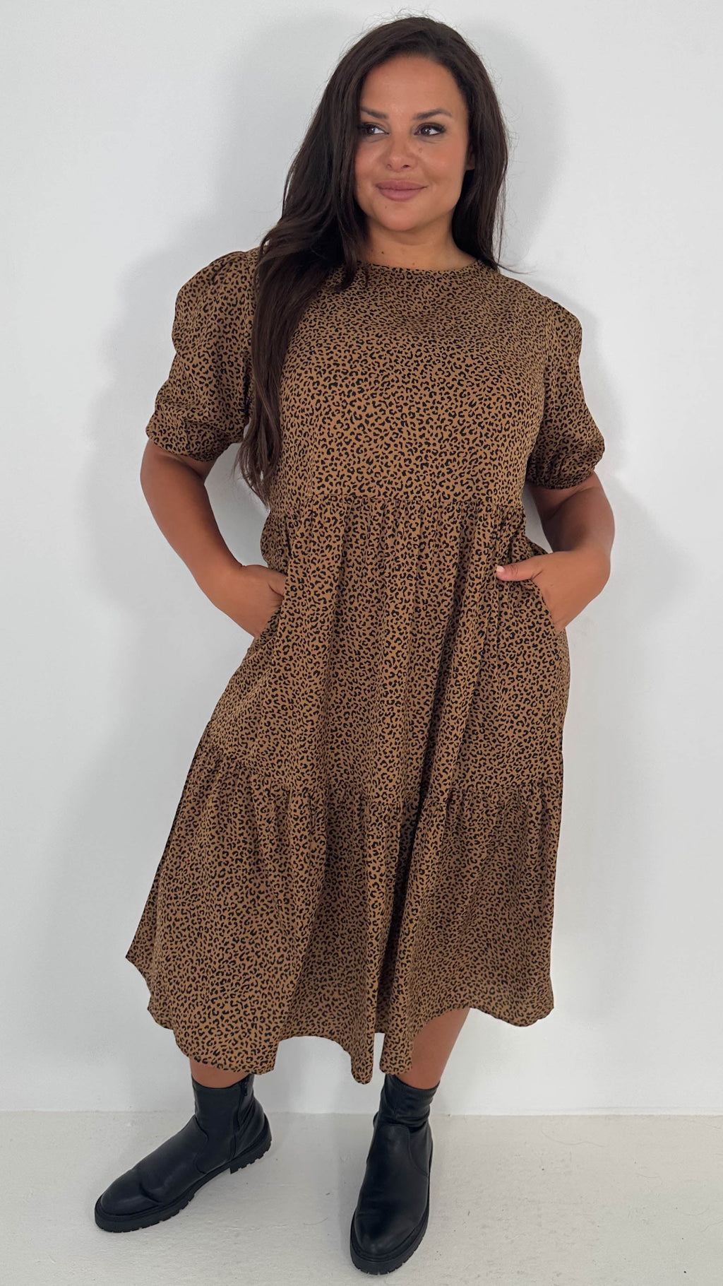 CurveWow Printed Midi Smock Dress Black Animal