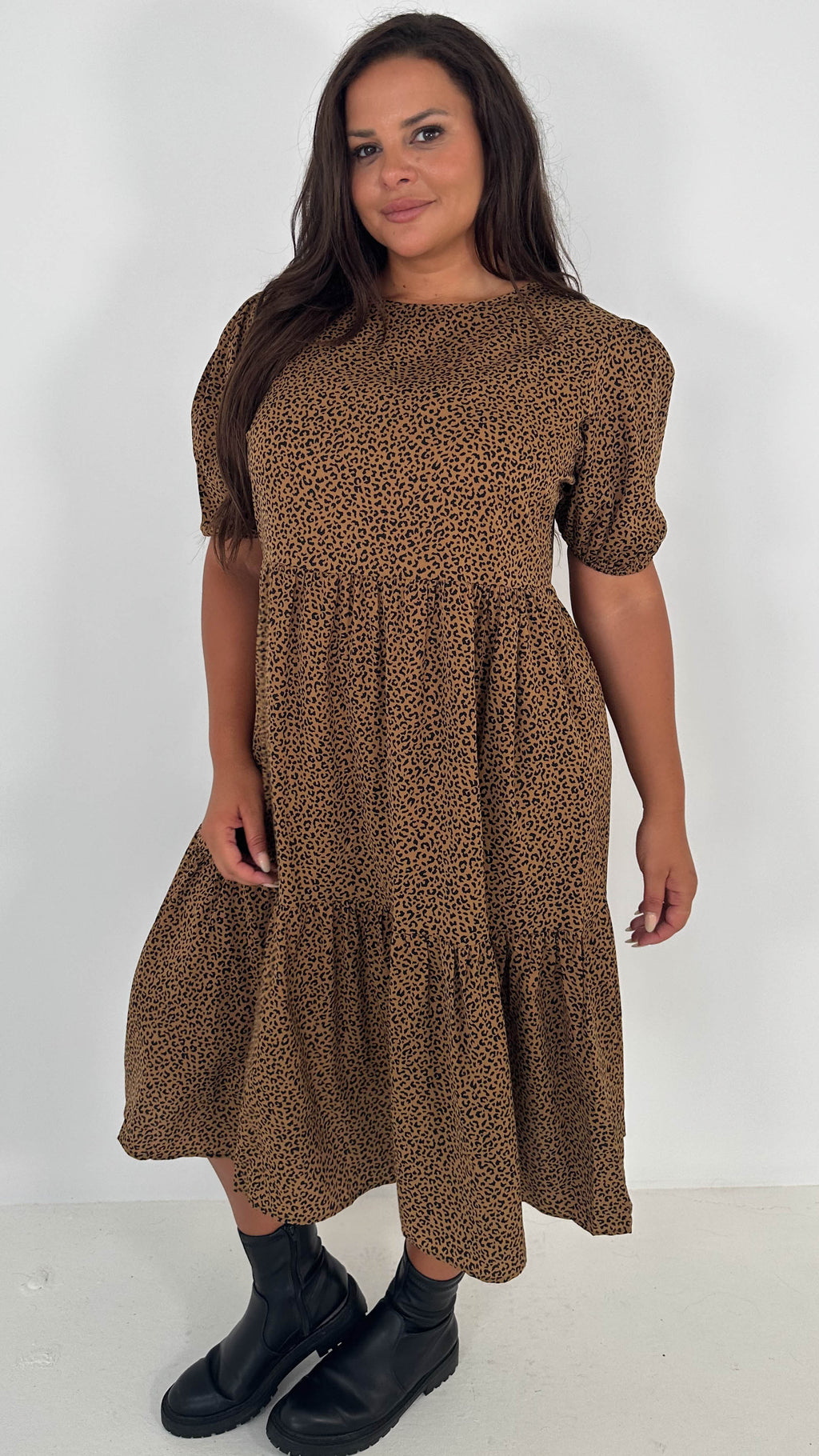 CurveWow Printed Midi Smock Dress Black Animal