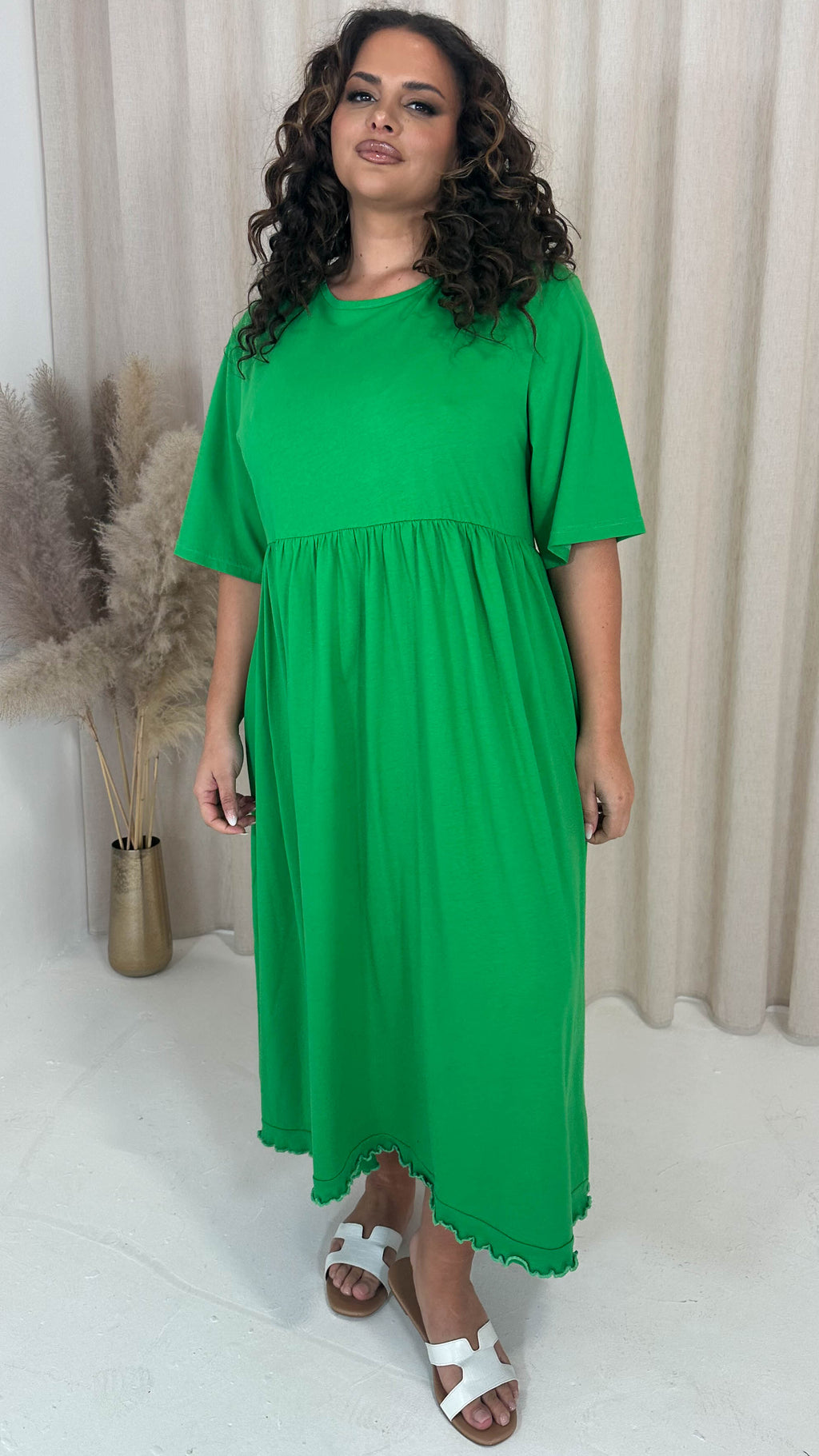 CurveWow Lettuce Hem Smock Midi Dress Green