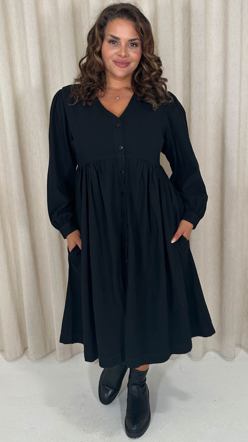 CurveWow Smock Button Front Dress Black