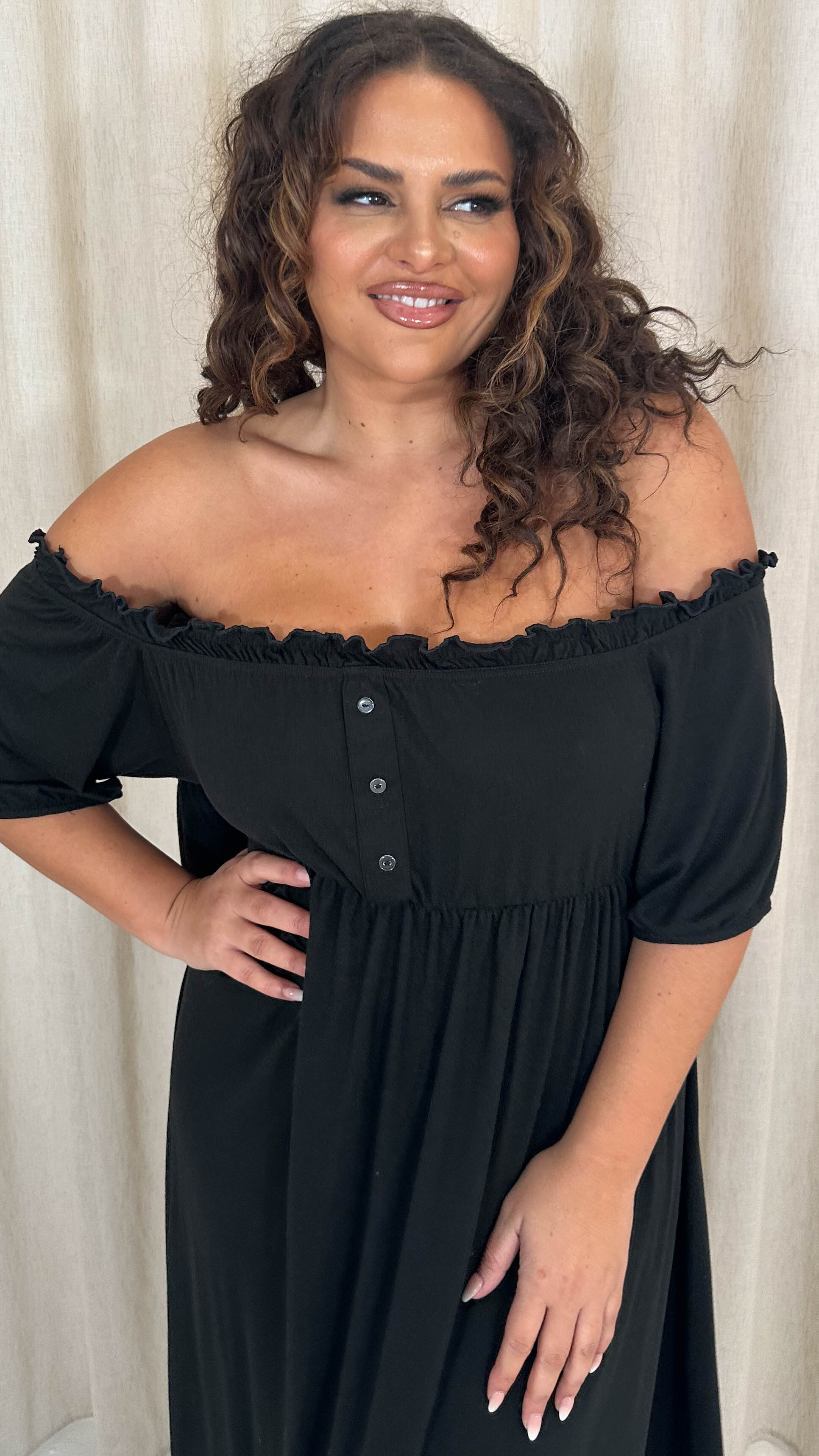 CurveWow Bardot Button Front Dress Black