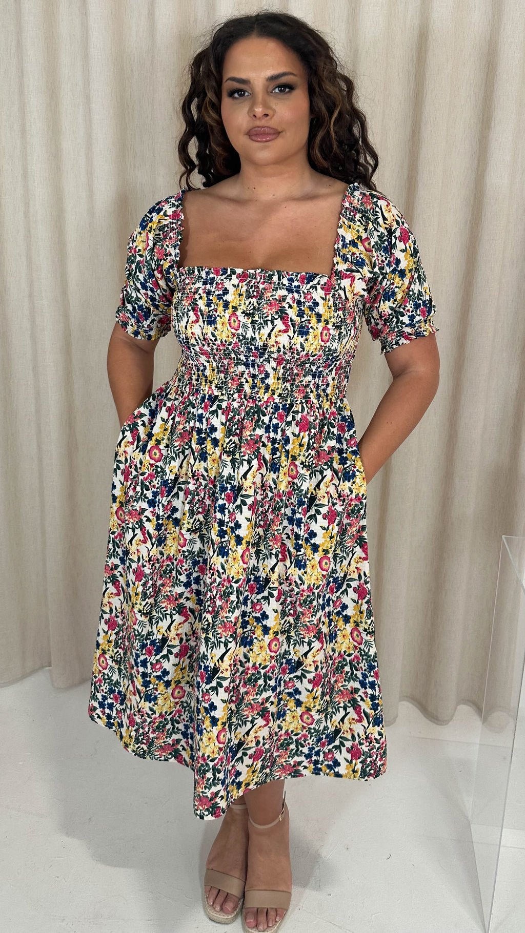 CurveWow Shirred Square Neck Midi Dress Multi Floral