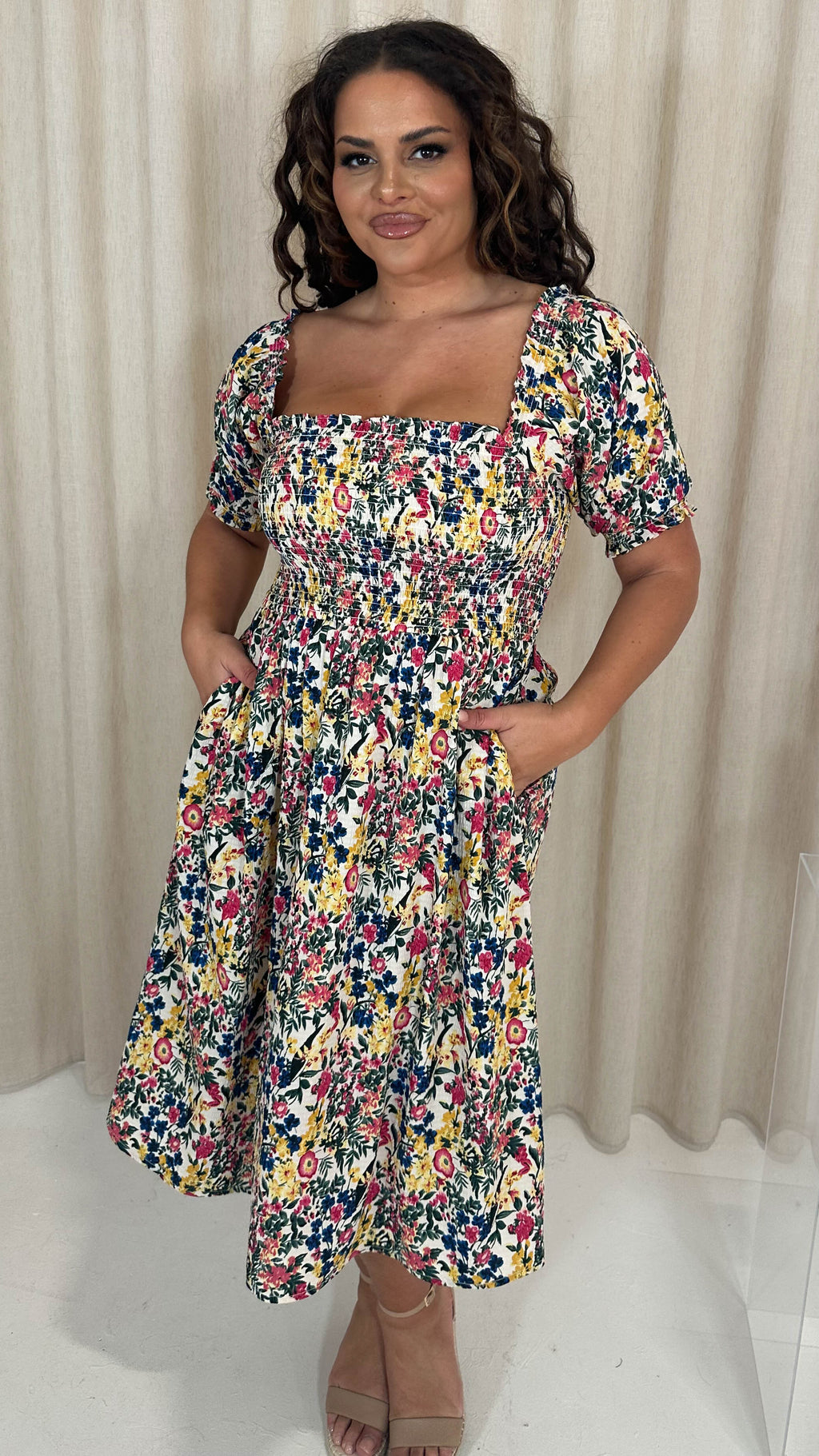 CurveWow Shirred Square Neck Midi Dress Multi Floral