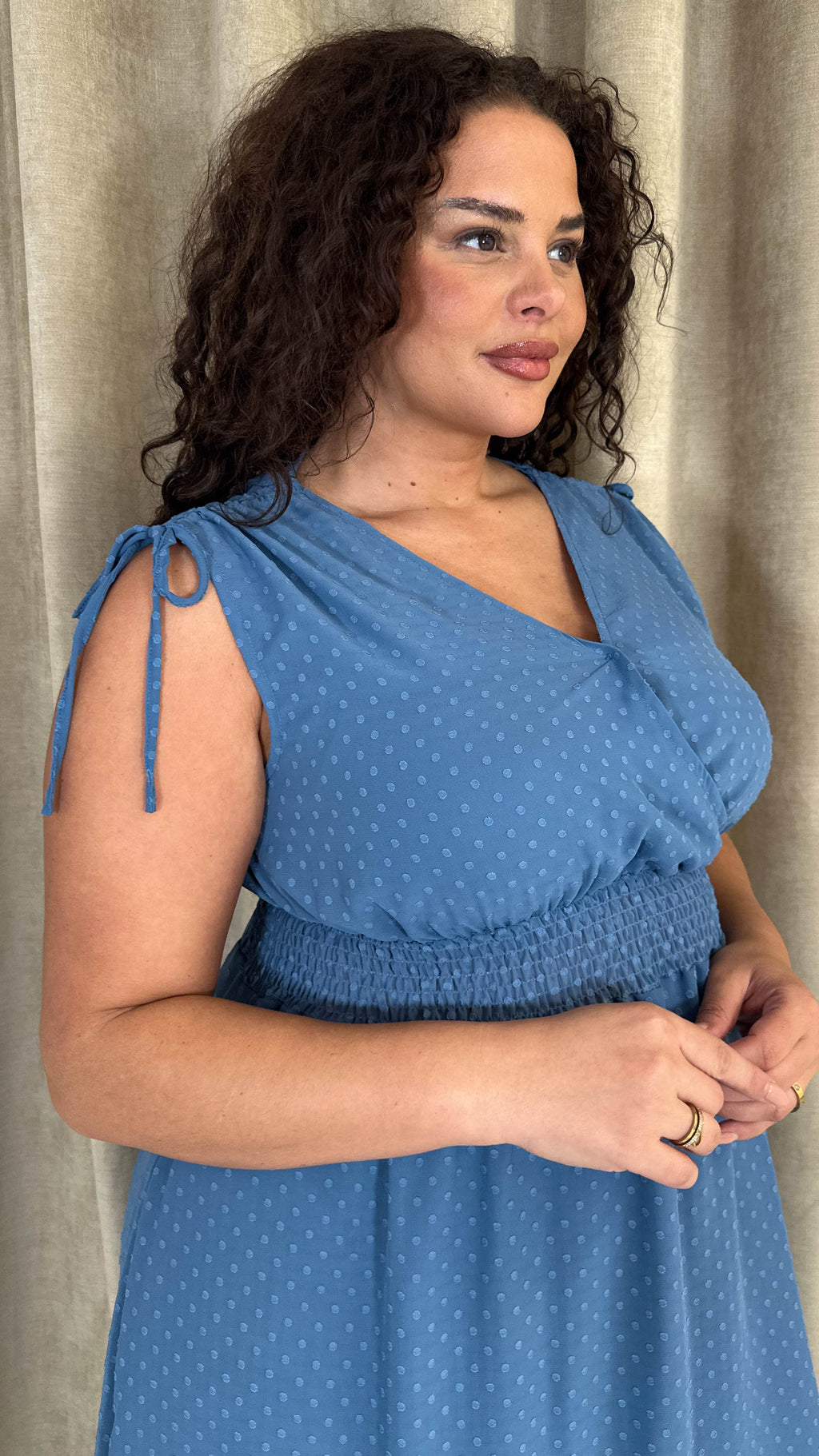 CurveWow Shirred Waist Dobby Midaxi Dress Dusty Blue