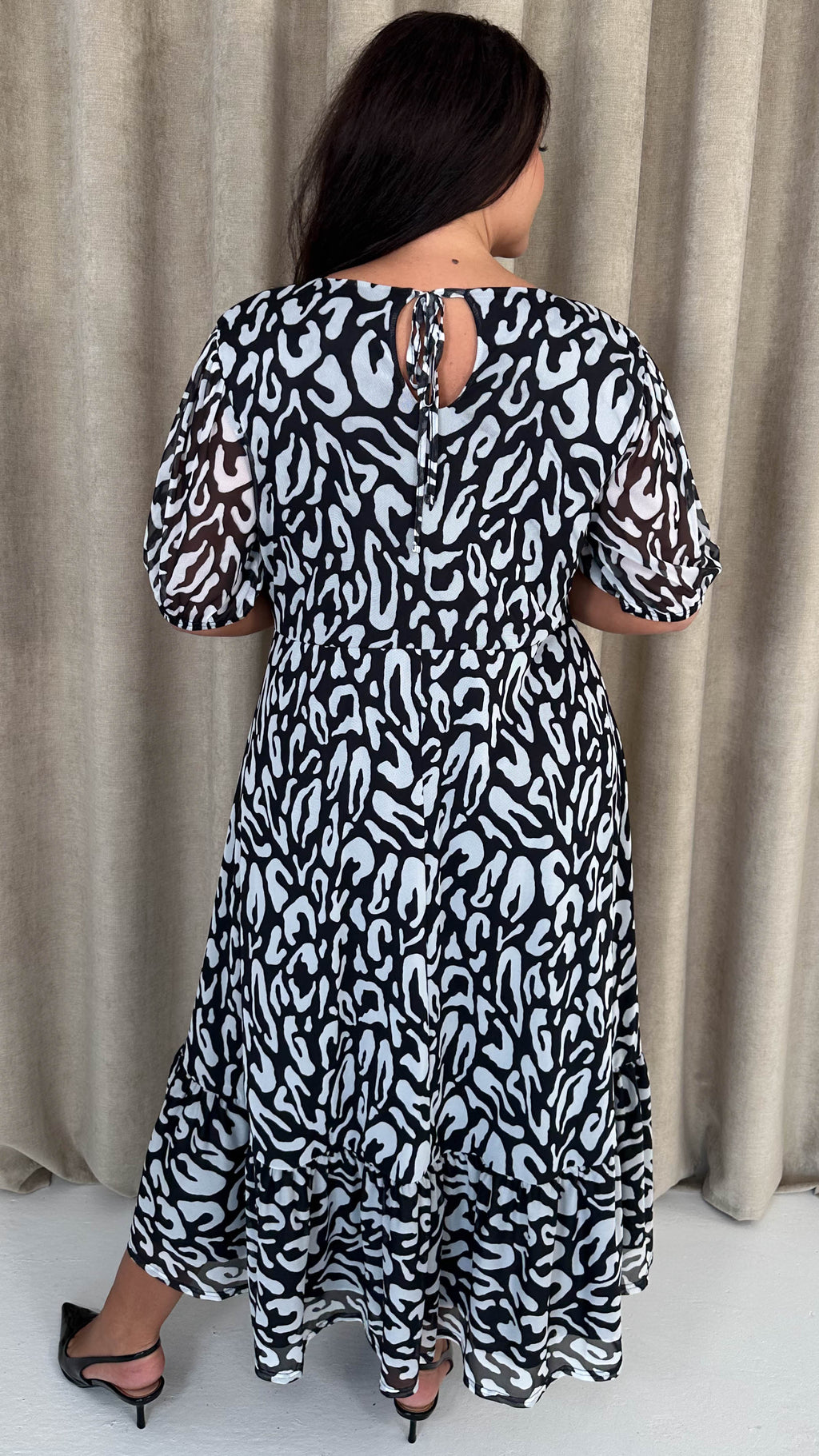 CurveWow Mesh Puff Sleeve Dress Black Leopard