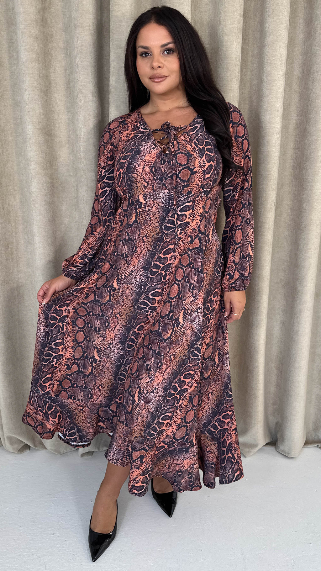 CurveWow Lace Front Frill Hem Midi Dress Snake