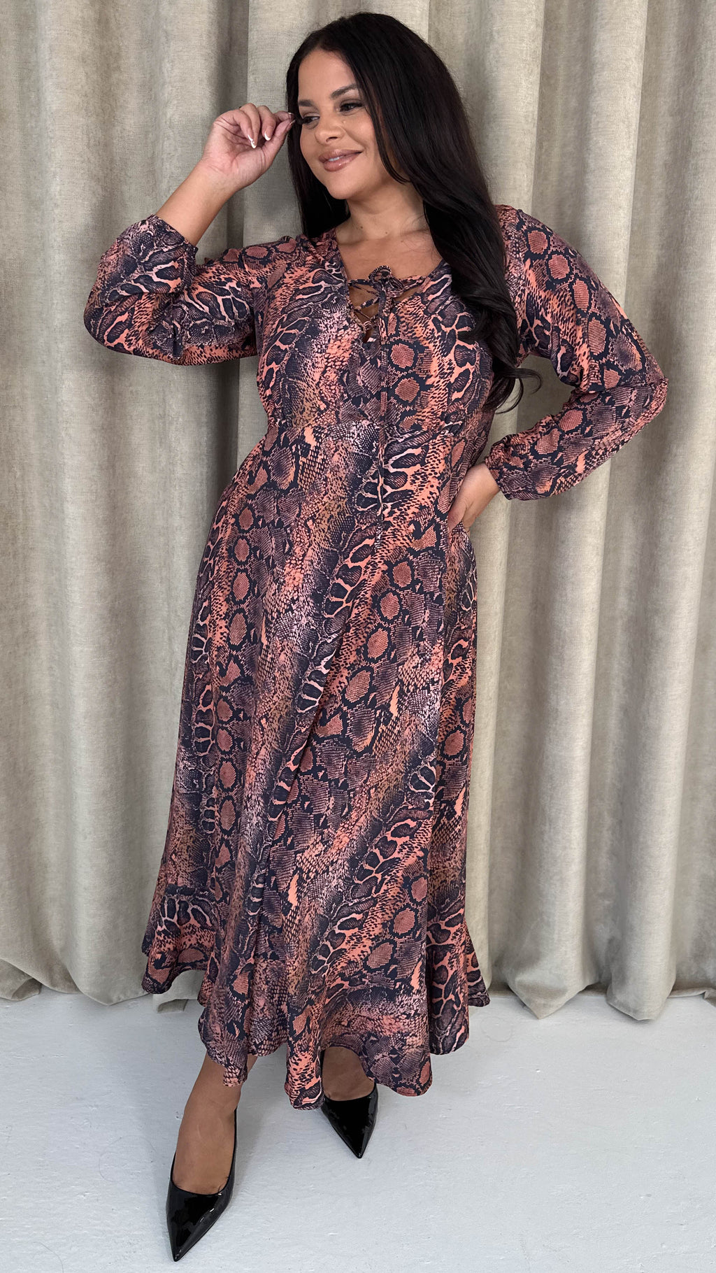 CurveWow Lace Front Frill Hem Midi Dress Snake