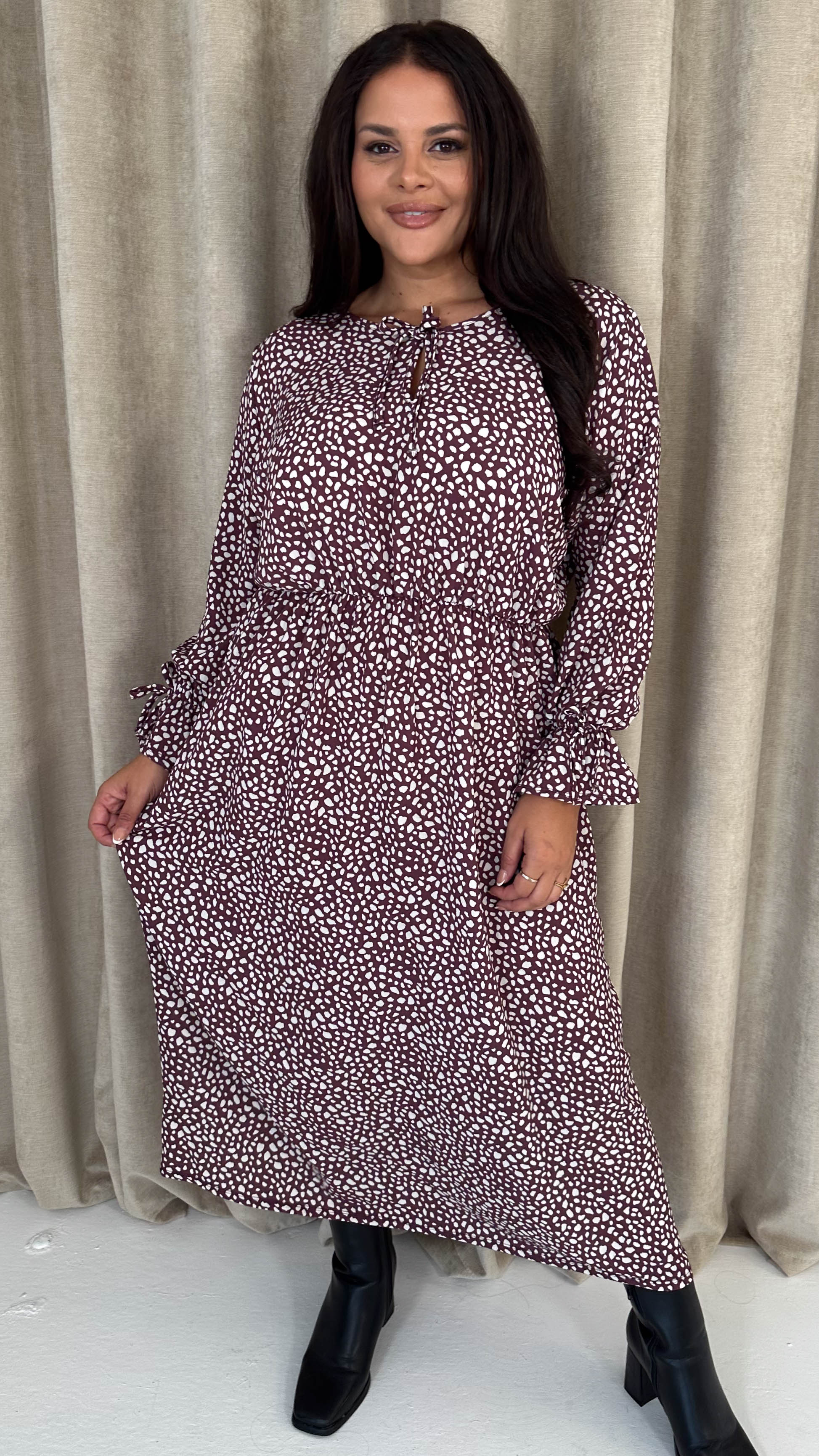 CurveWow Tie Cuff Midaxi Dress Plum Animal