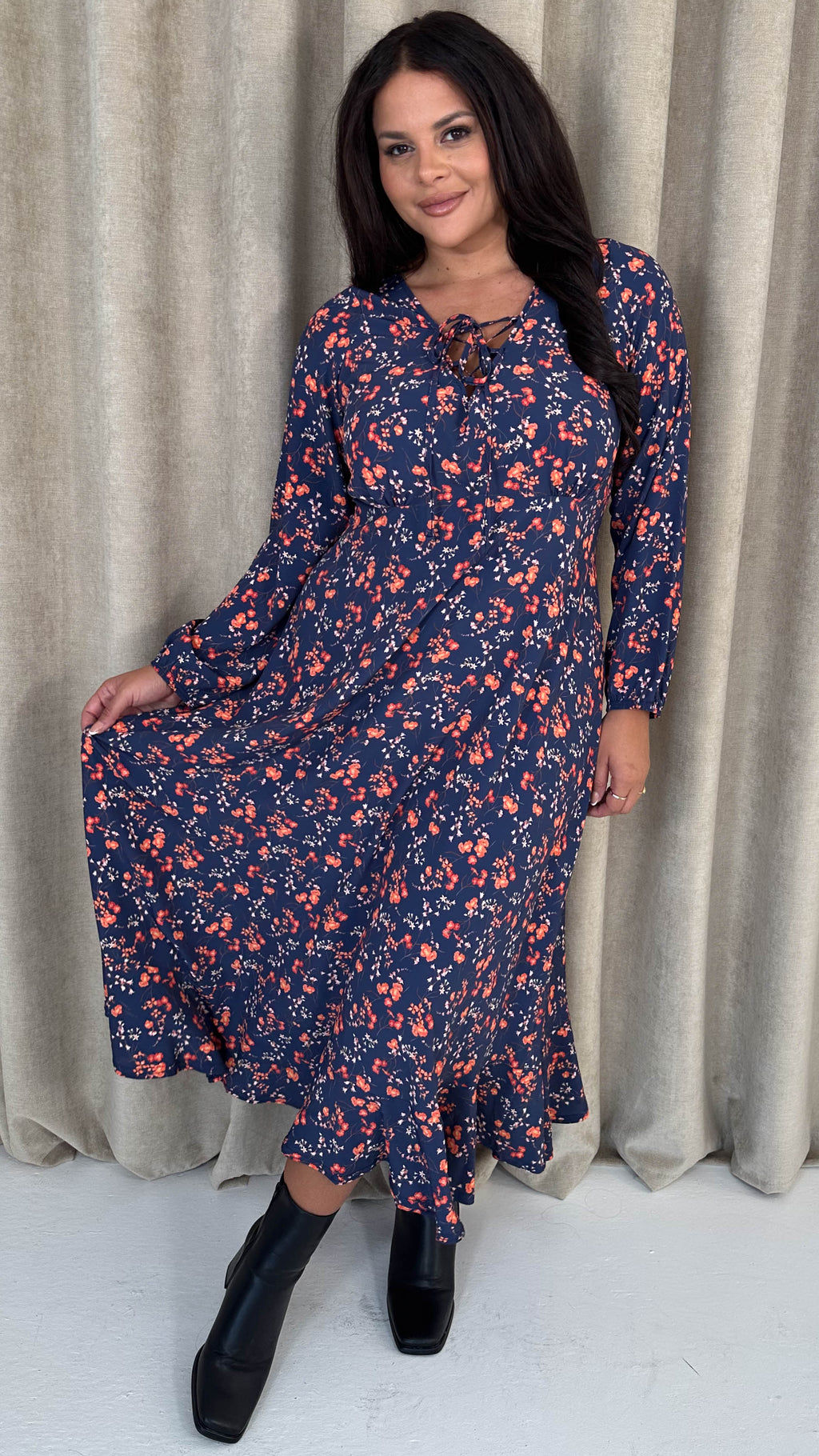 CurveWow Lace Front Frill Hem Midi Dress Navy Floral