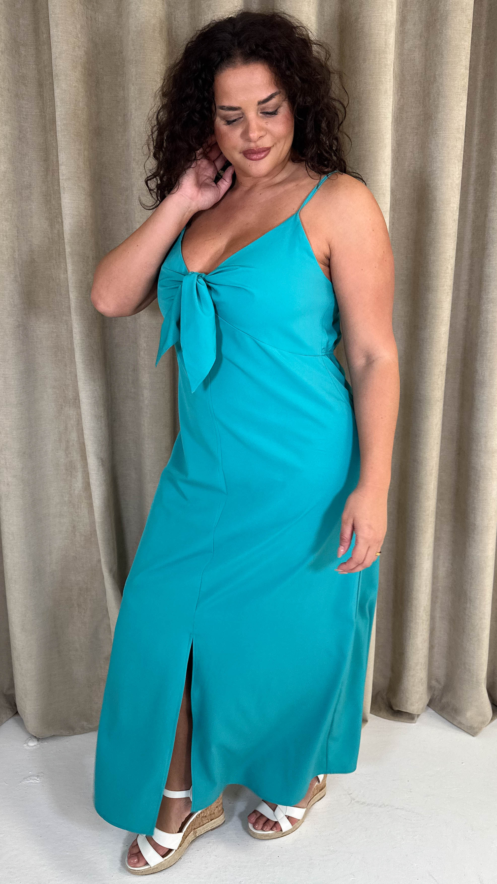 CurveWow Tie Front Cami Maxi Dress Teal