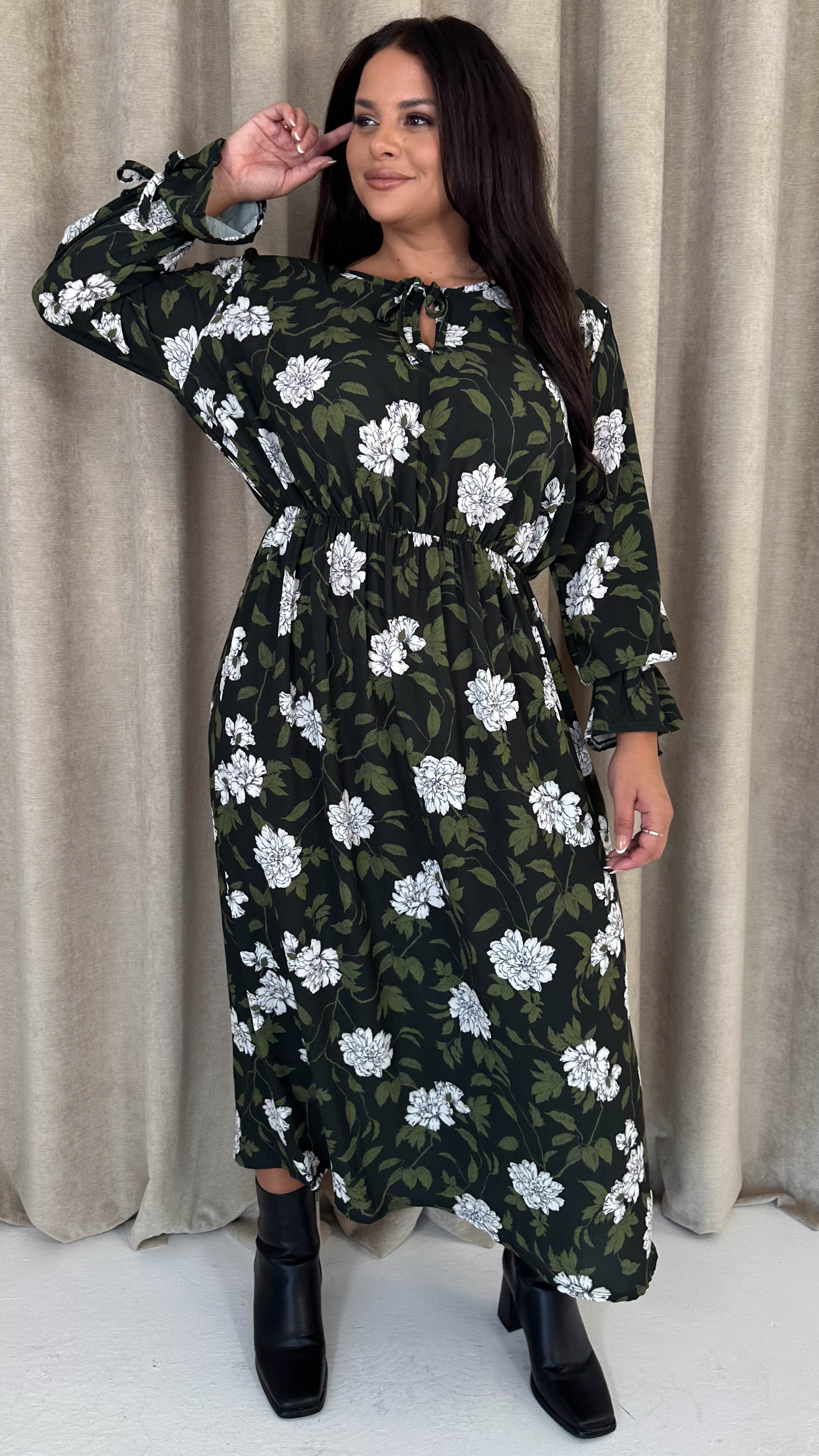 CurveWow Tie Cuff Midaxi Dress Black Floral