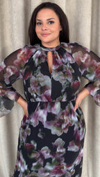 CurveWow Keyhole Mesh Dress Black Floral
