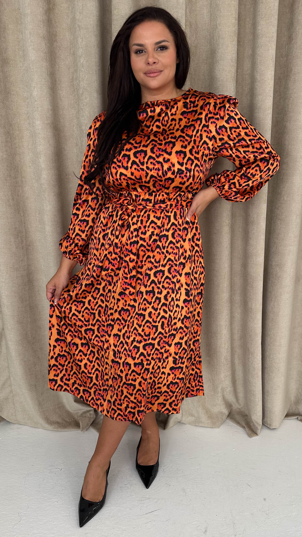 CurveWow Satin Tie Waist Midi Dress Orange Leopard