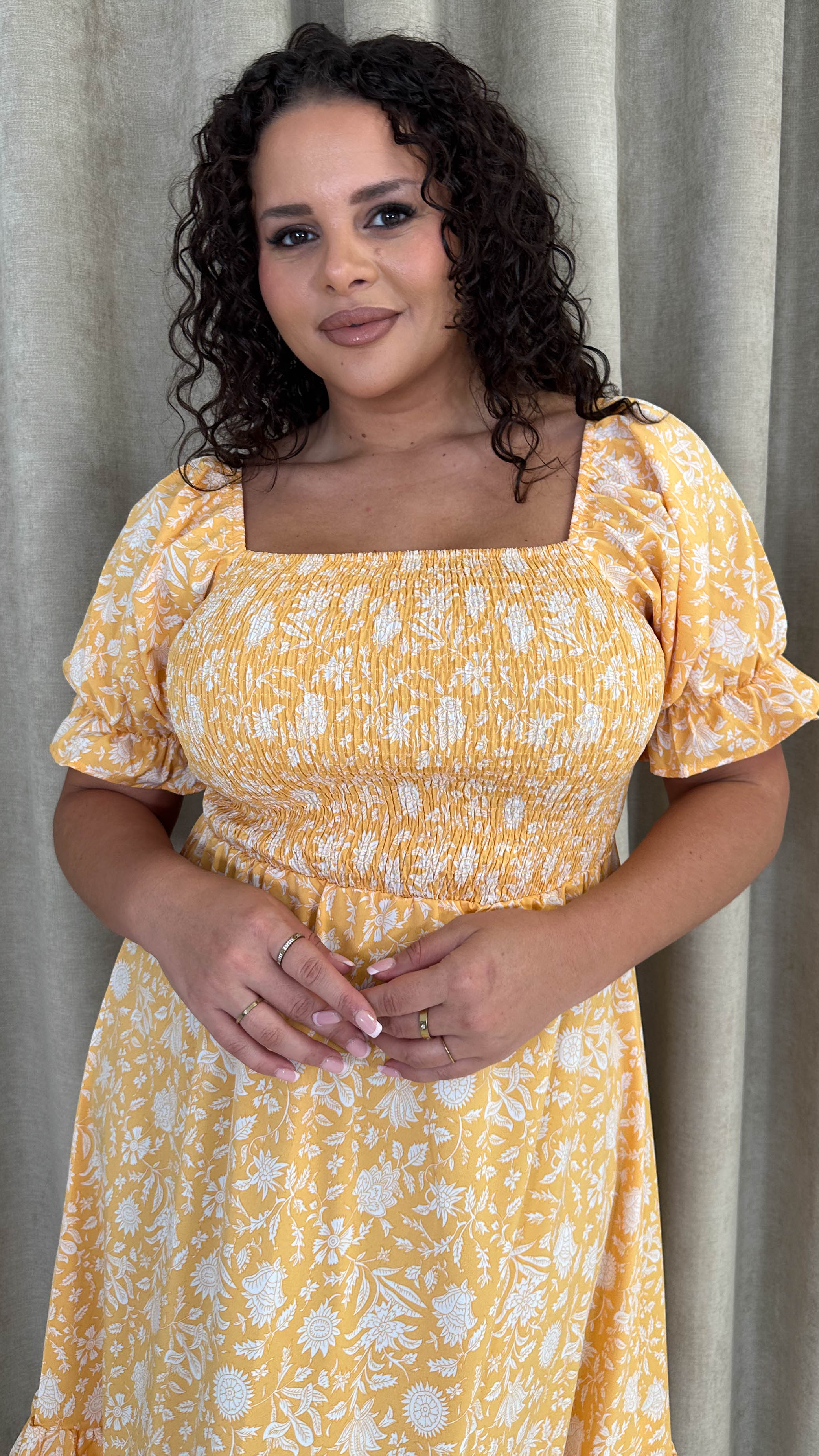 CurveWow Square Neck Shirred Midi Dress Yellow Floral