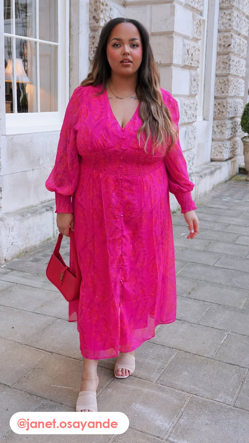 CurveWow Button Front Maxi Dress Magenta Floral