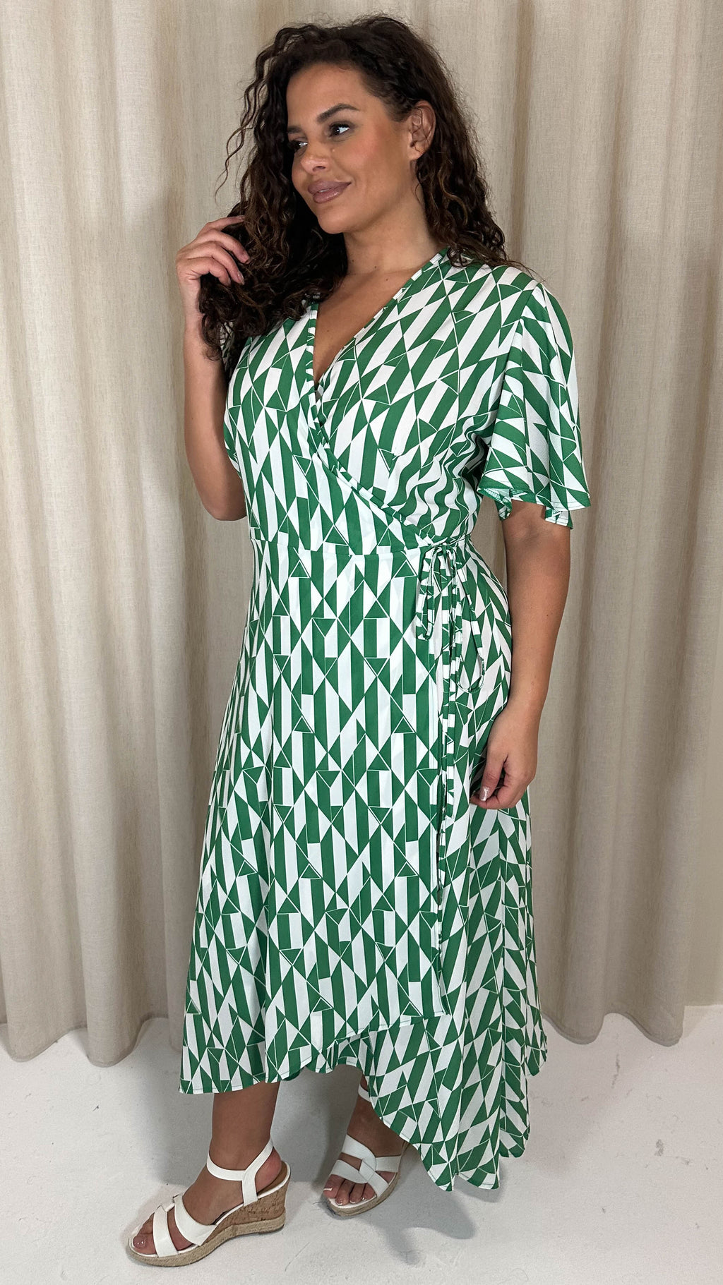CurveWow Angel Sleeve Wrap Dress Green/White Geo