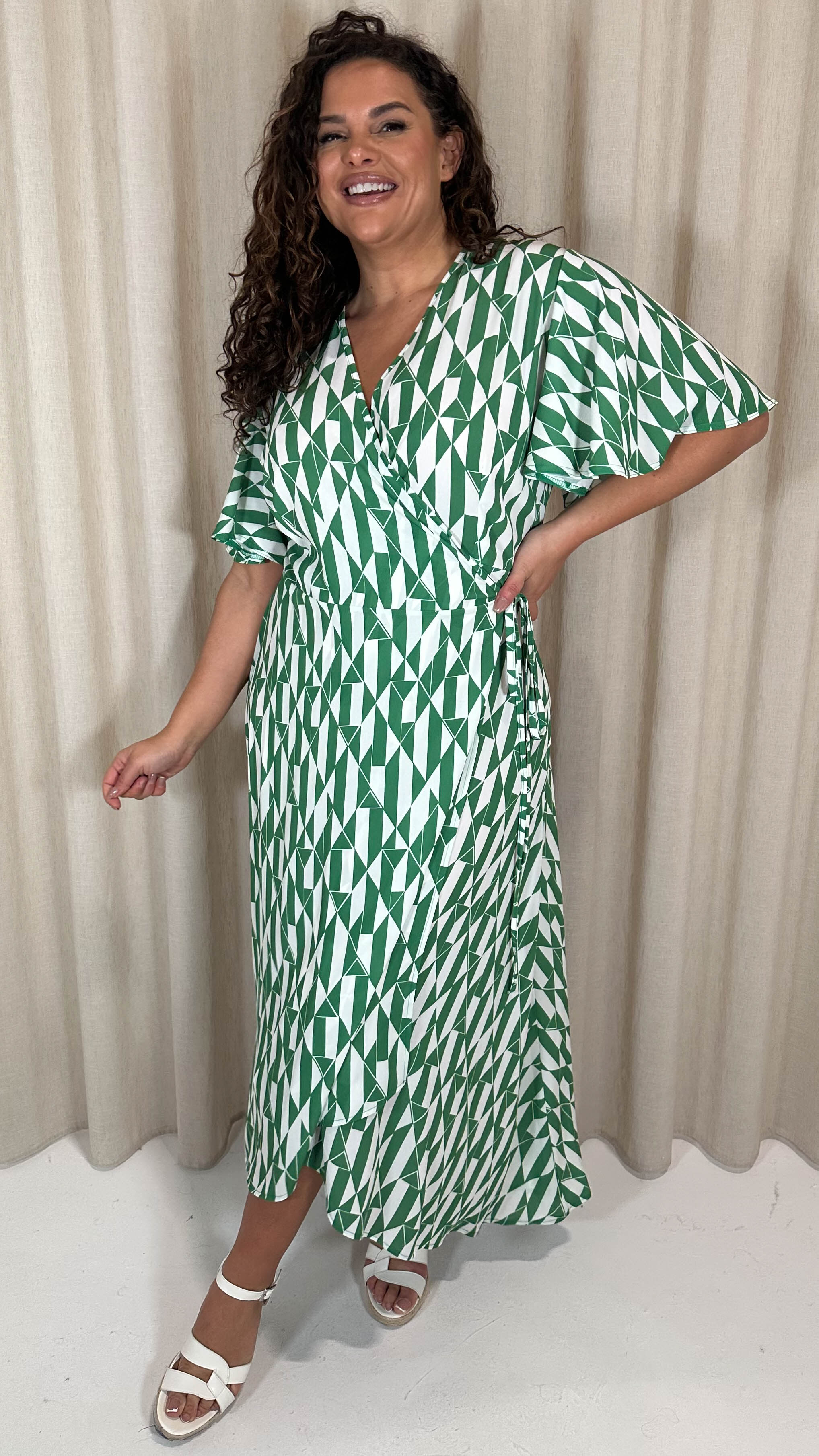 CurveWow Angel Sleeve Wrap Dress Green/White Geo