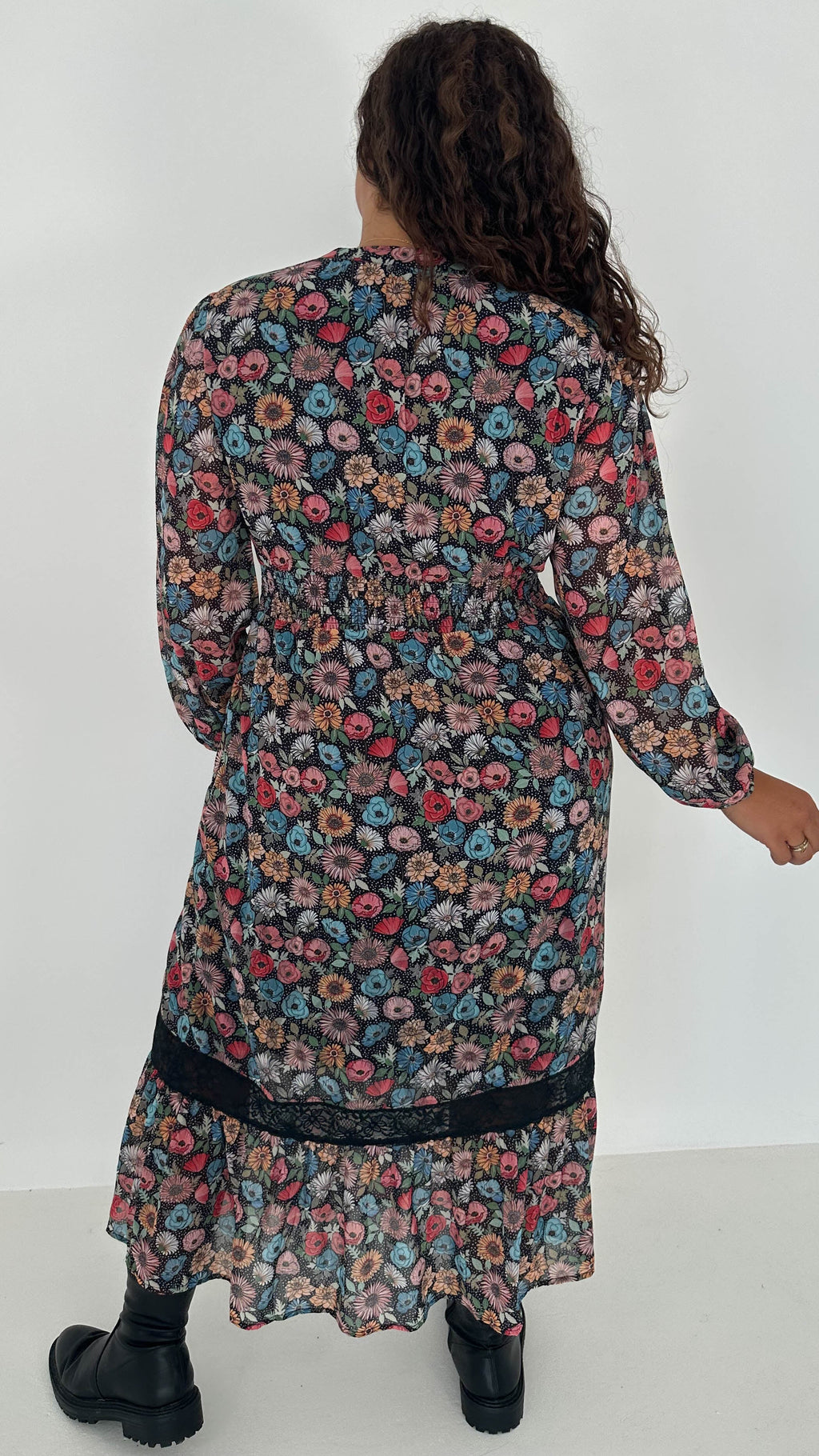 CurveWow Lace Insert Printed Midi Dress Multi Floral