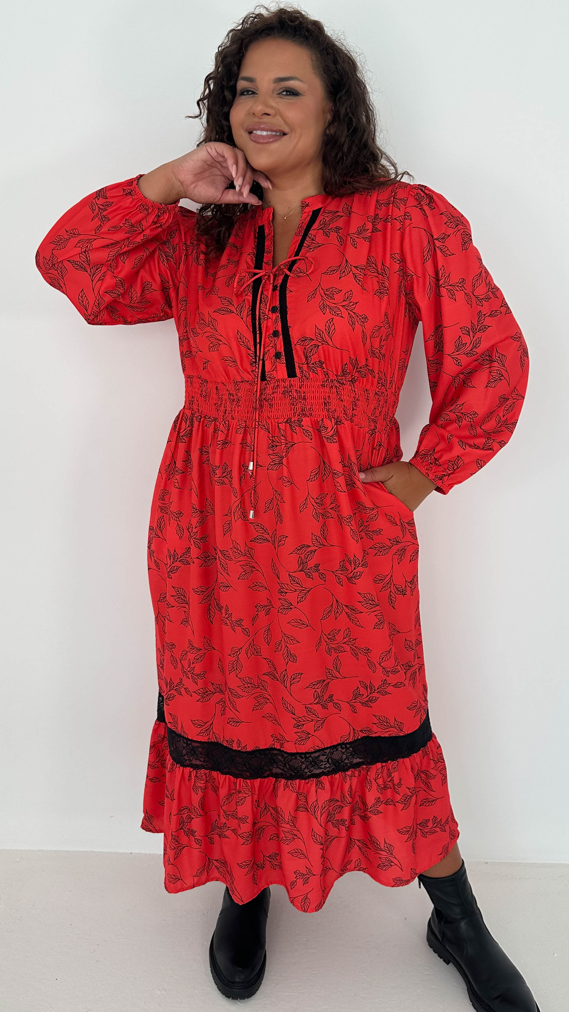 CurveWow Lace Insert Printed Midi Dress Red Leaf