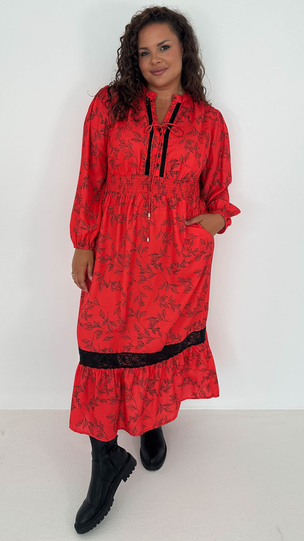 CurveWow Lace Insert Printed Midi Dress Red Leaf