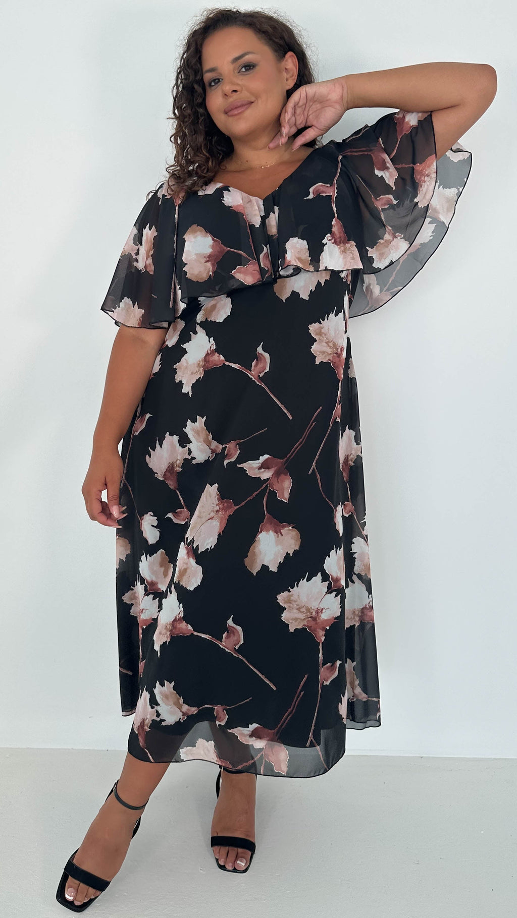 CurveWow Cape Frill Midaxi Dress Black Floral