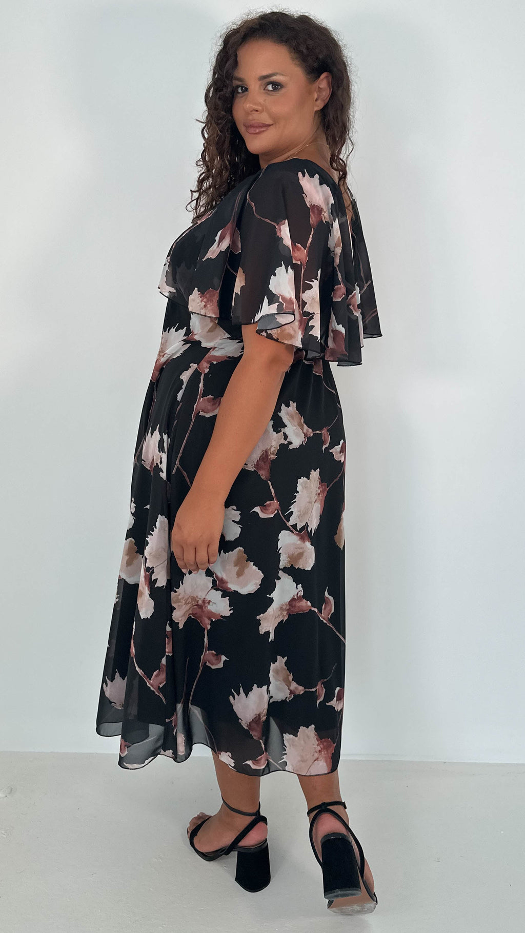 CurveWow Cape Frill Midaxi Dress Black Floral