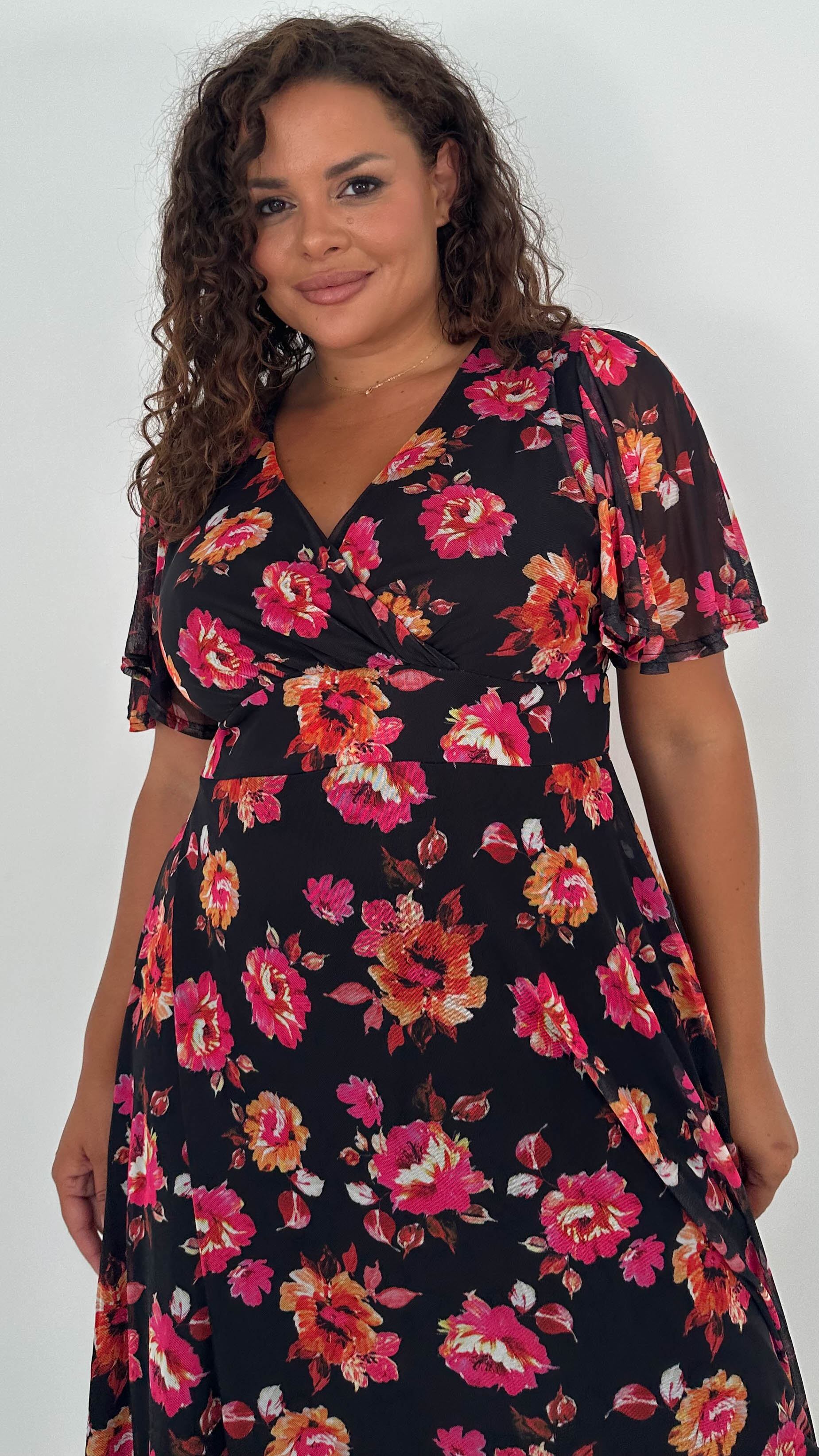 CurveWow Mesh Angel Sleeve Dress Black Pink Floral