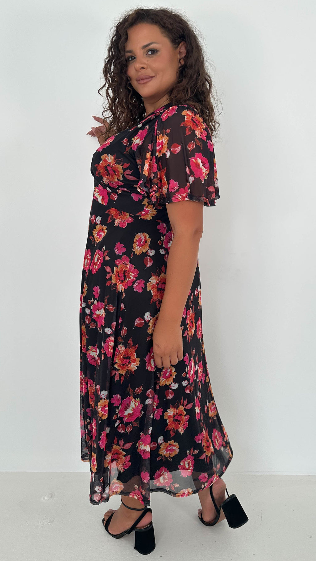 CurveWow Mesh Angel Sleeve Dress Black Pink Floral
