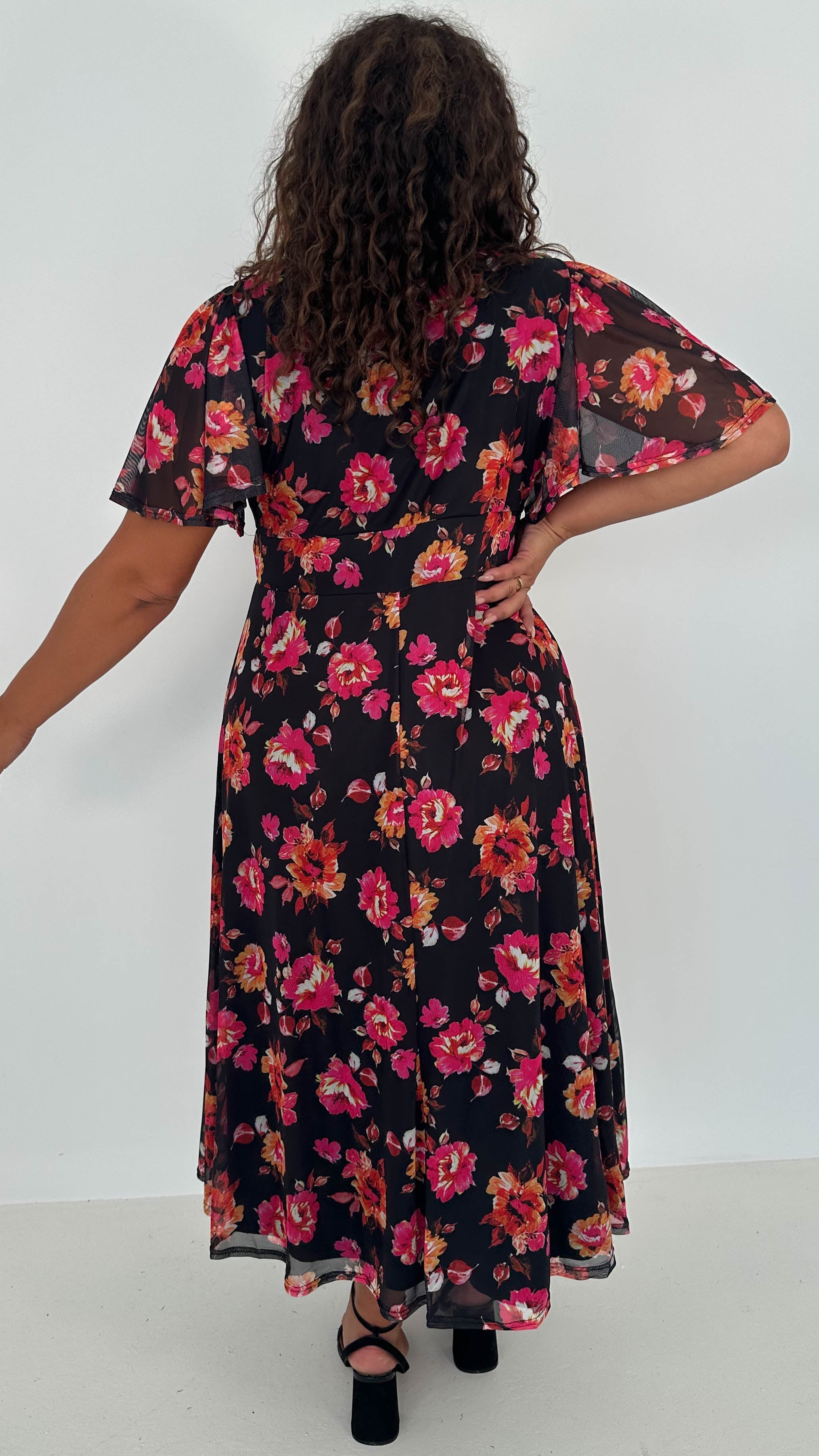 CurveWow Mesh Angel Sleeve Dress Black Pink Floral