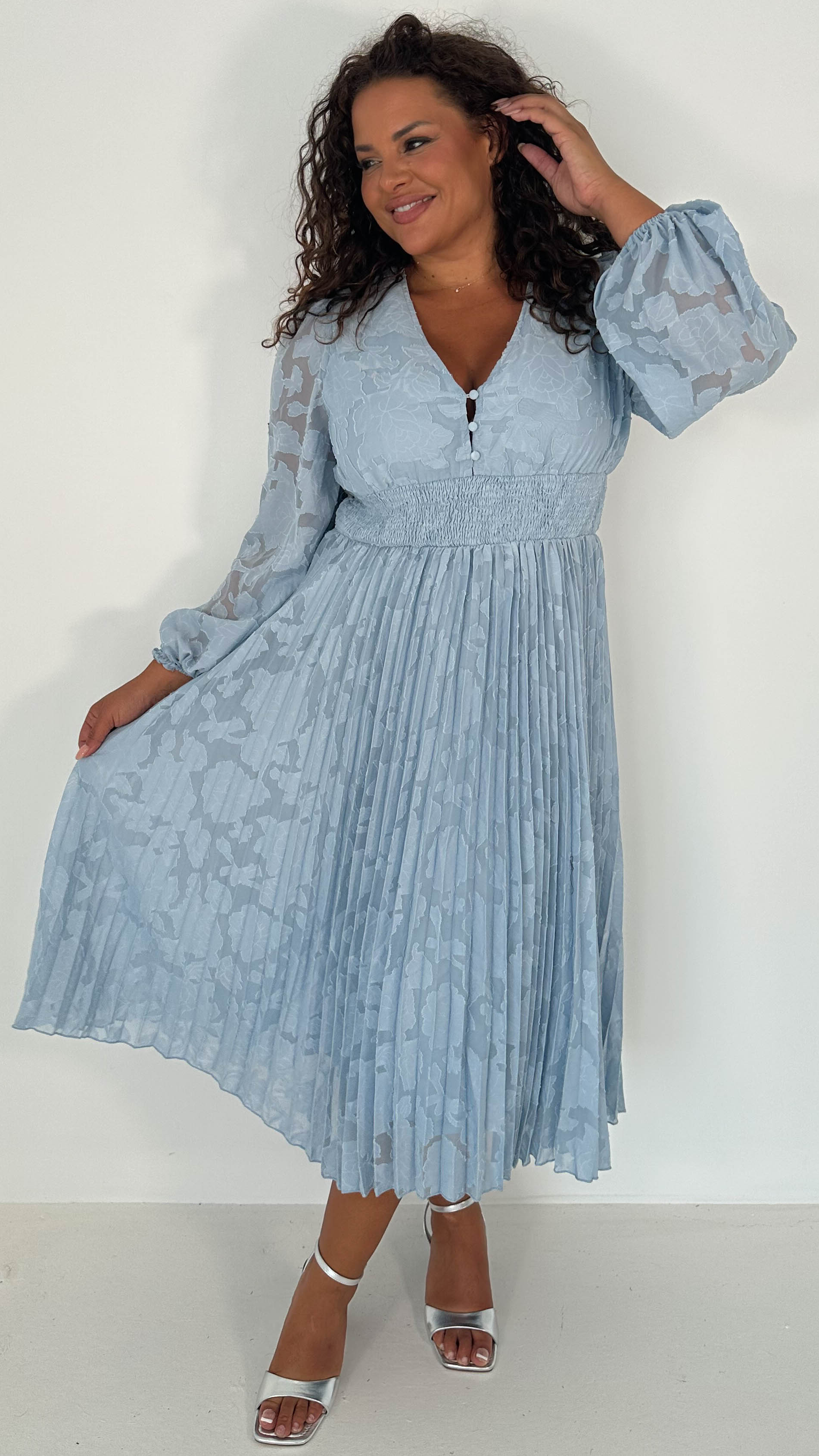CurveWow V-Neck Pleated Dress Blue