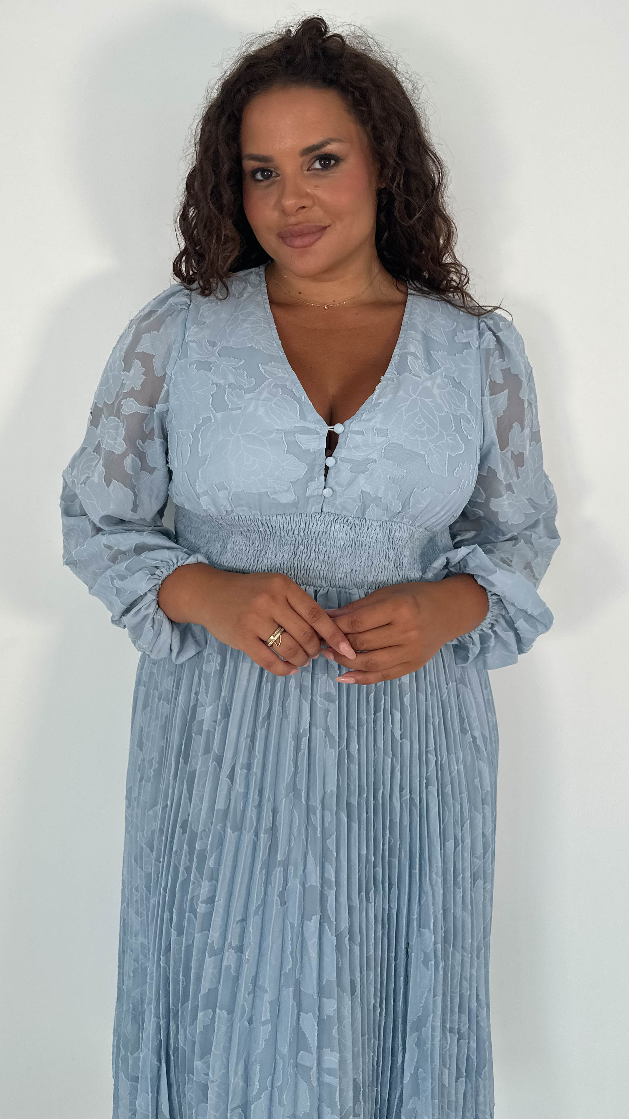 CurveWow V-Neck Pleated Dress Blue
