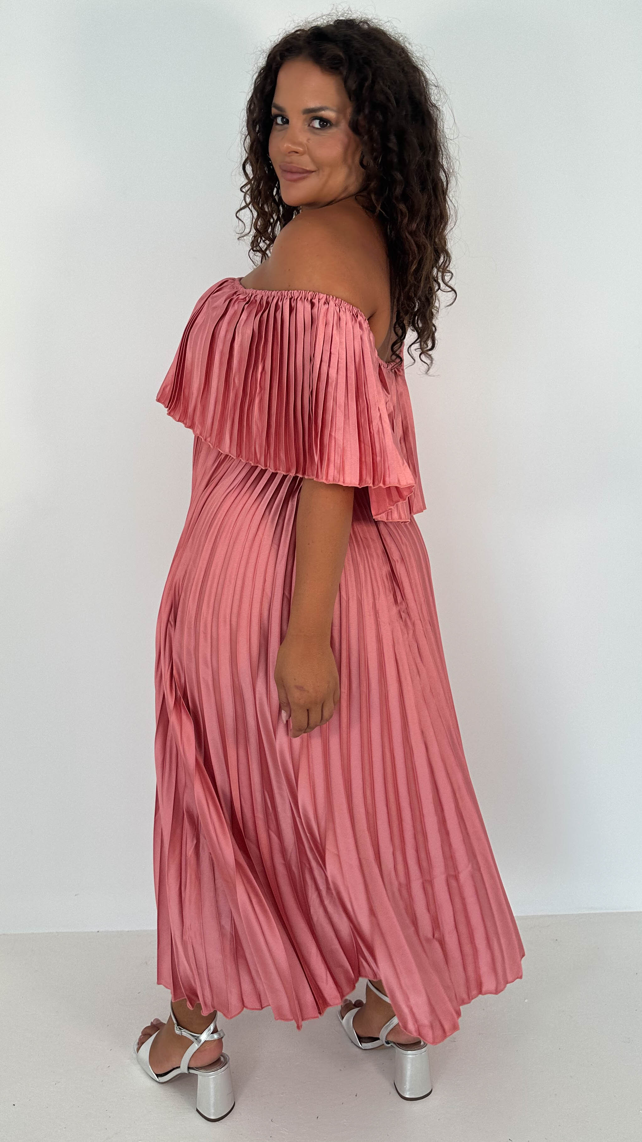CurveWow Pleated Bardot Maxi Dress Blush