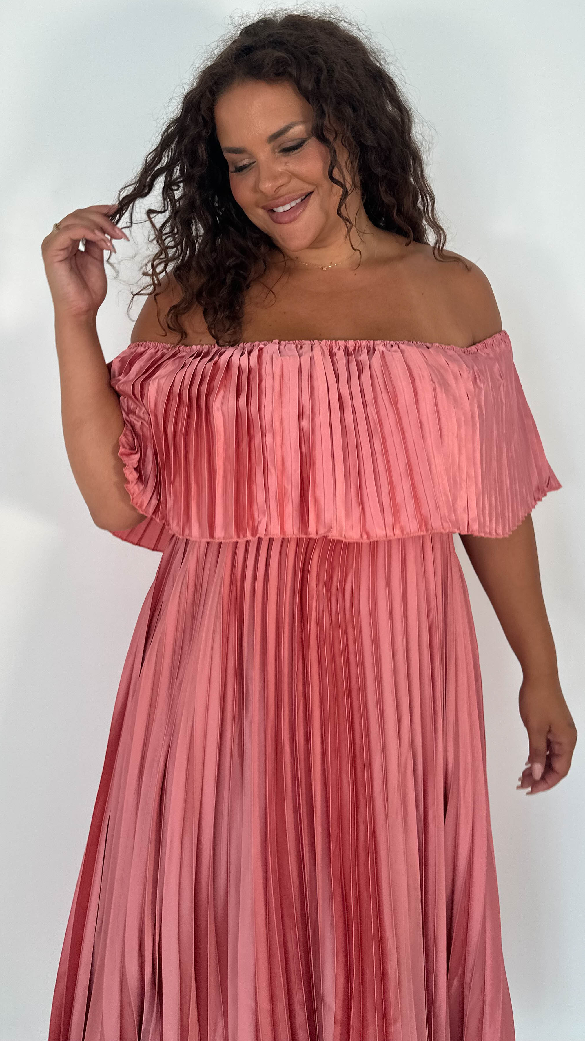 CurveWow Pleated Bardot Maxi Dress Blush