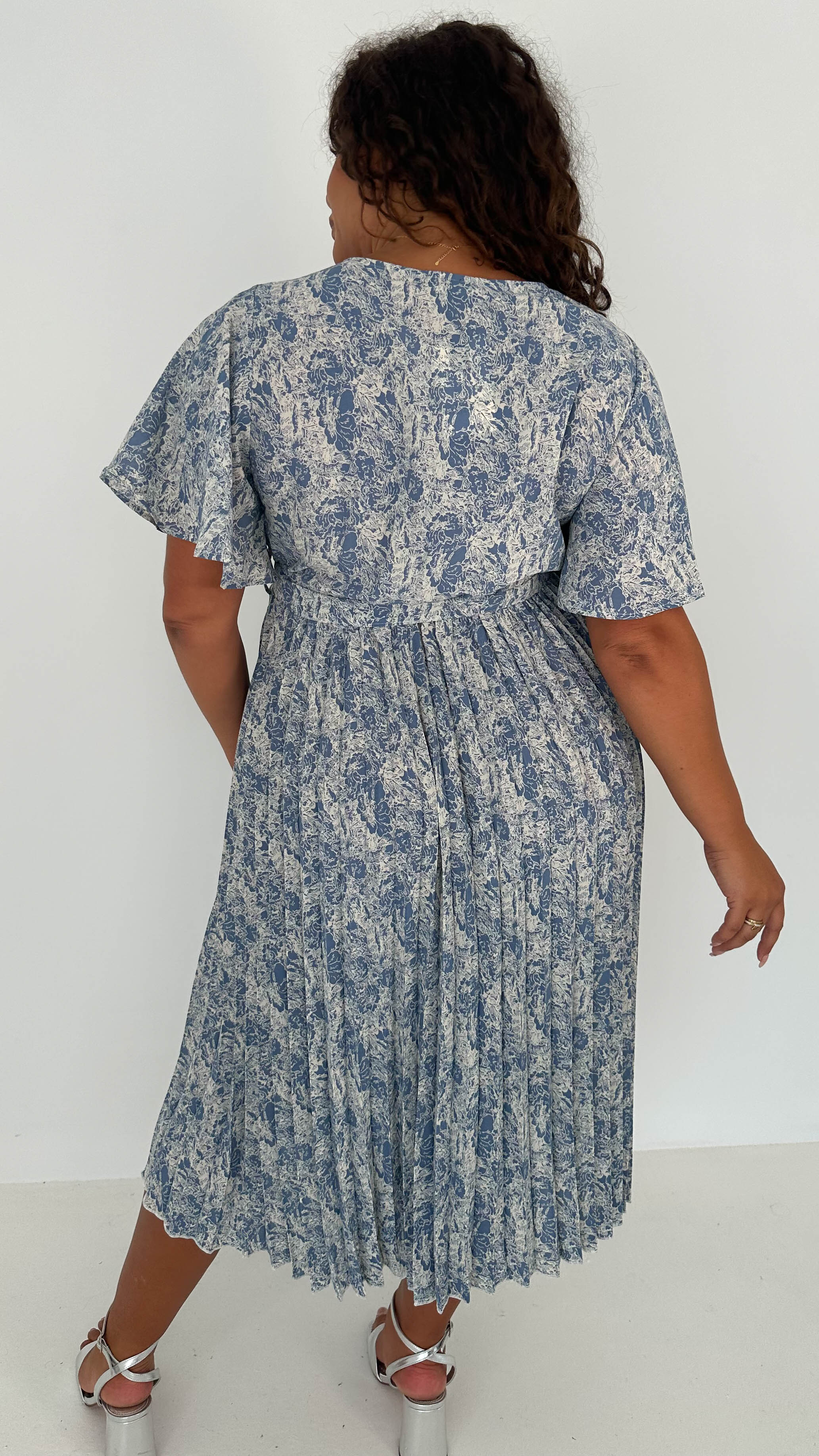 CurveWow Wrap Angel Sleeve Pleated Midi Dress Blue