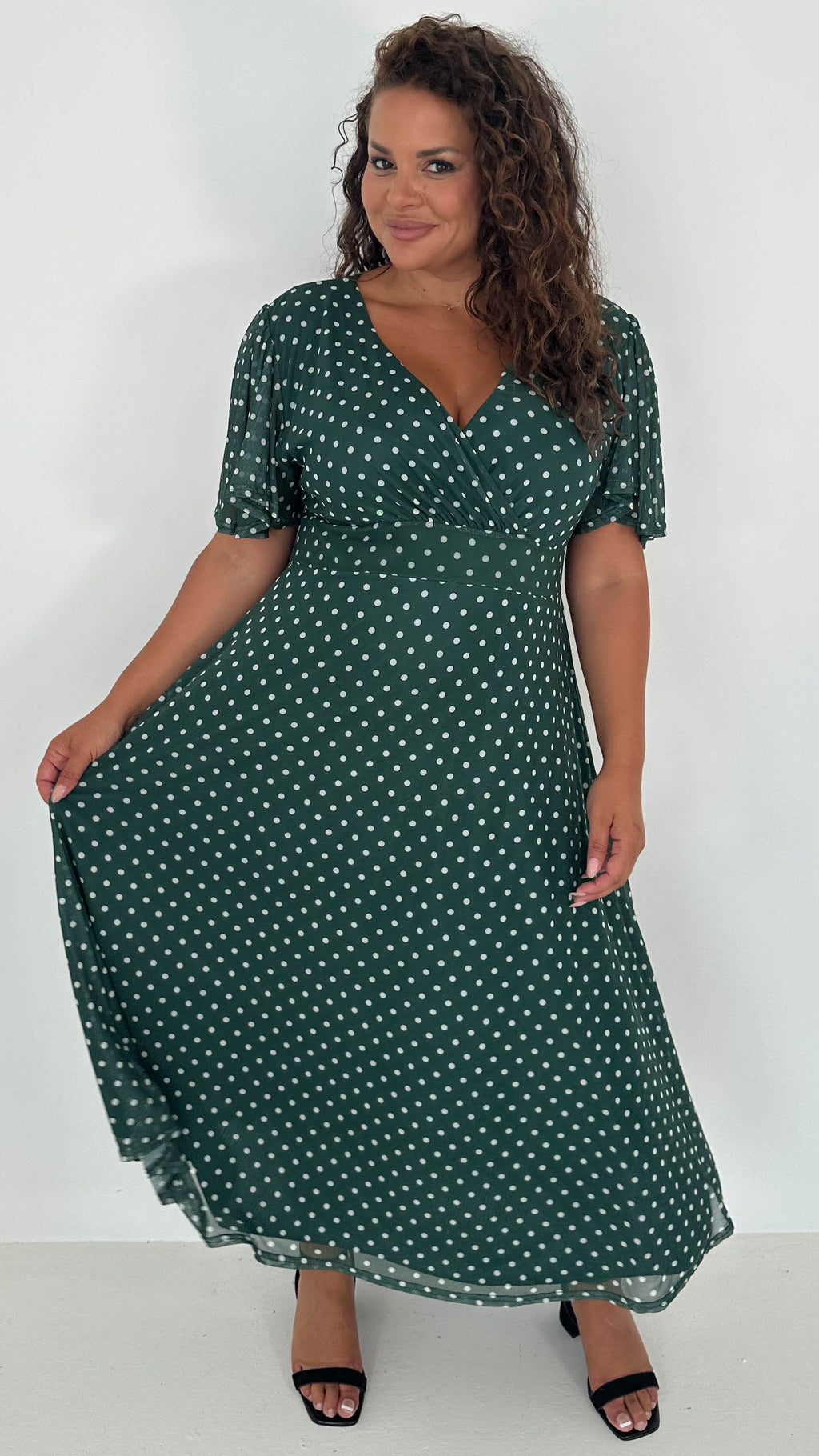 CurveWow Mesh Angel Sleeve Dress Green Spot