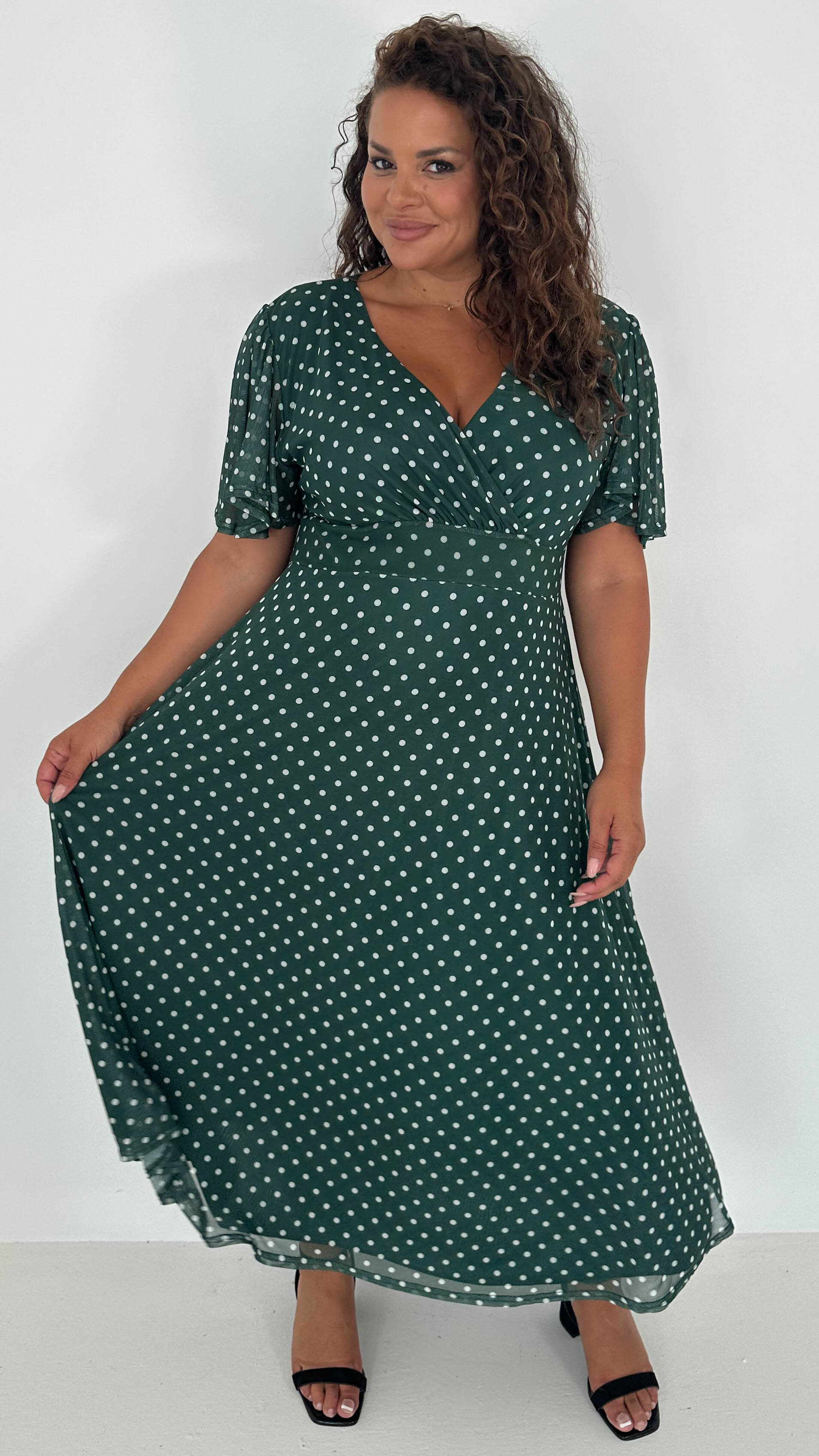 CurveWow Mesh Angel Sleeve Dress Green Spot