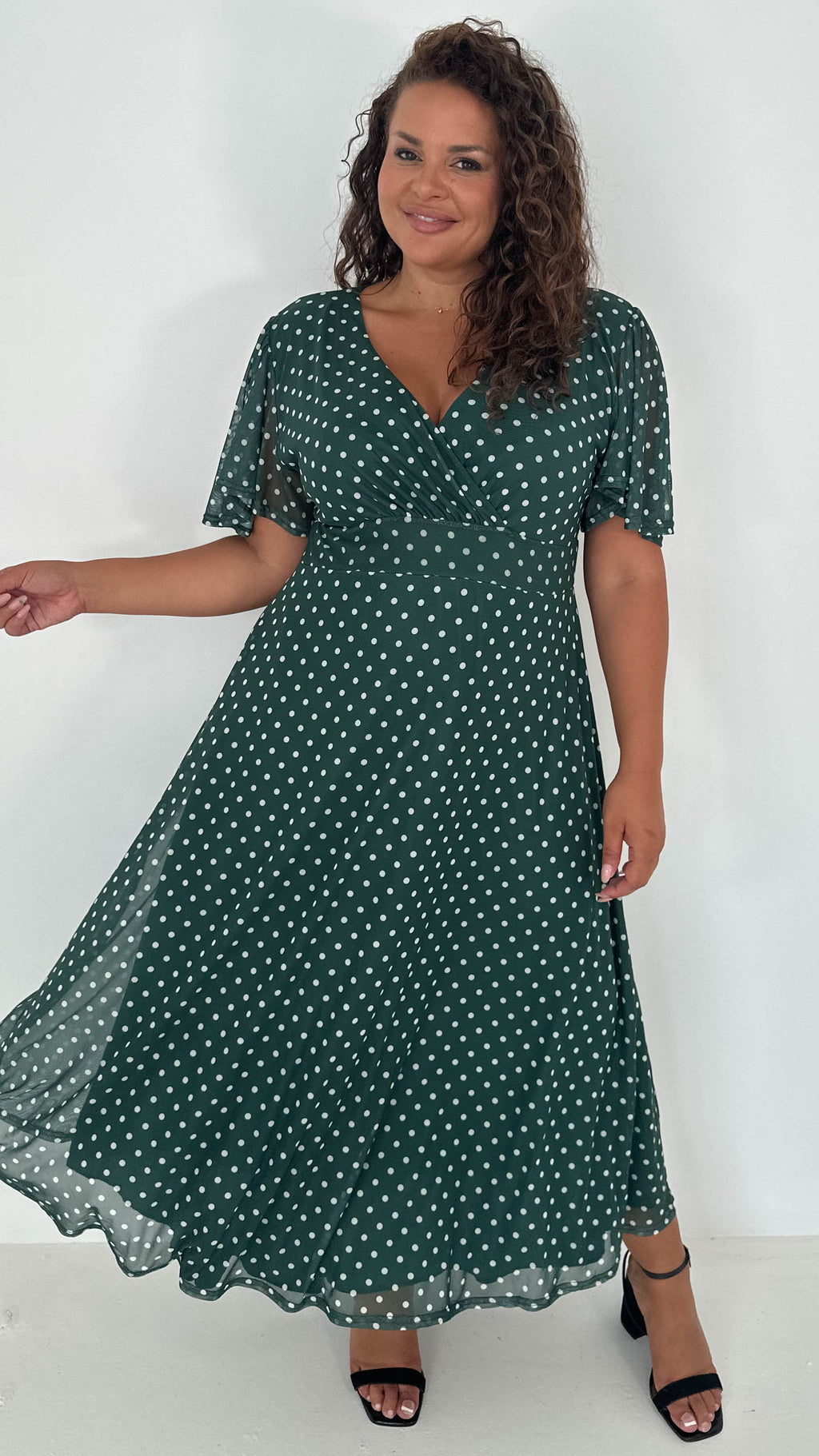 CurveWow Mesh Angel Sleeve Dress Green Spot