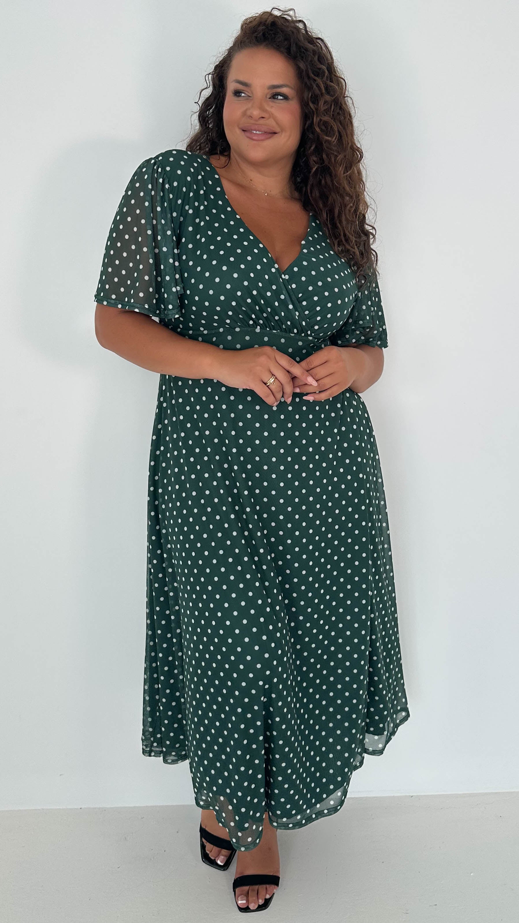 CurveWow Mesh Angel Sleeve Dress Green Spot