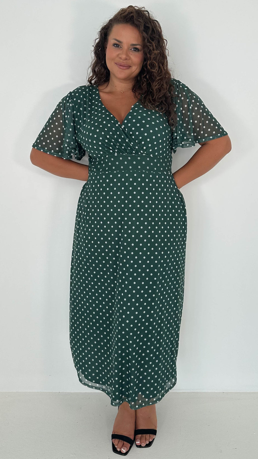 CurveWow Mesh Angel Sleeve Dress Green Spot