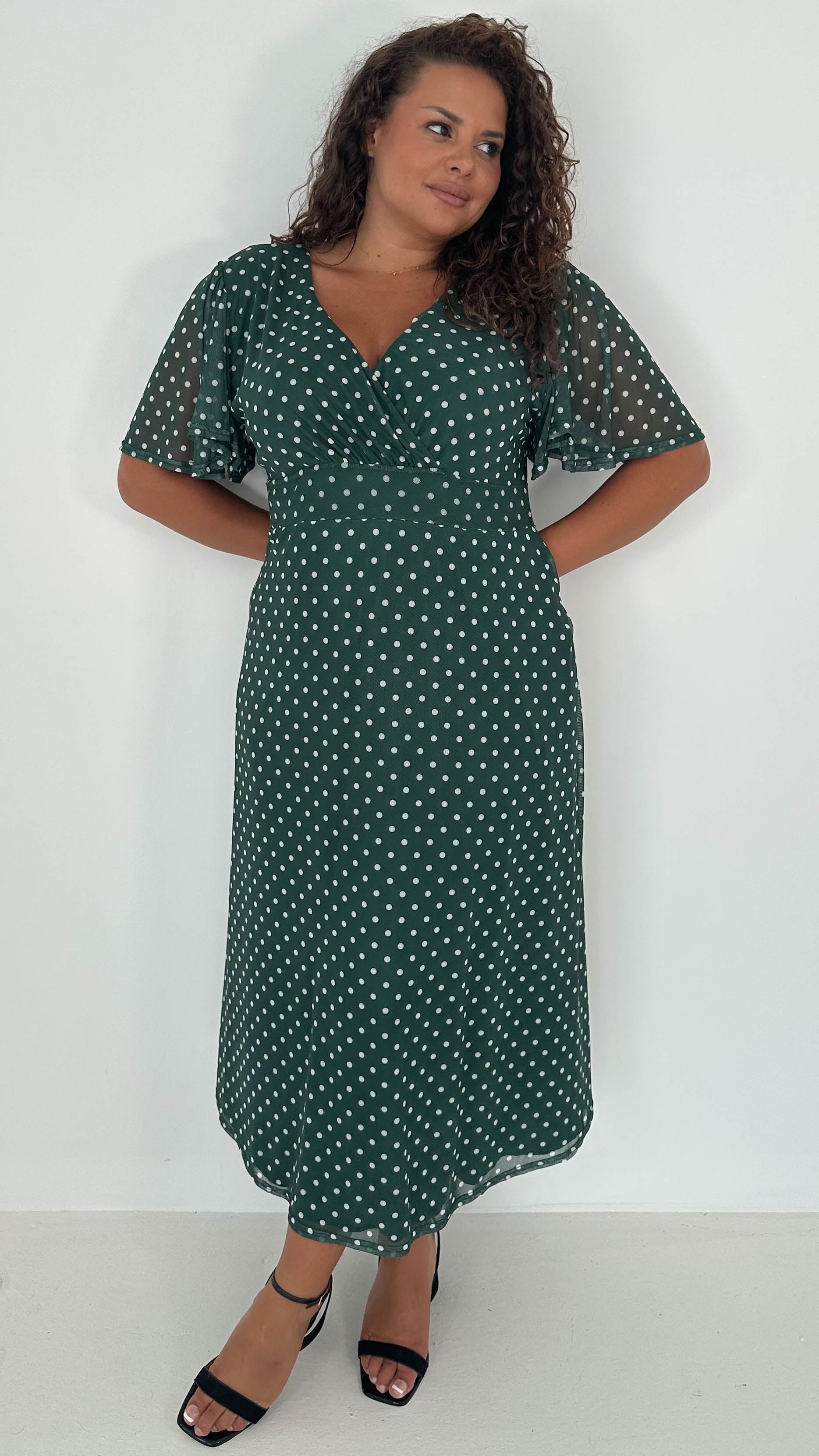 CurveWow Mesh Angel Sleeve Dress Green Spot