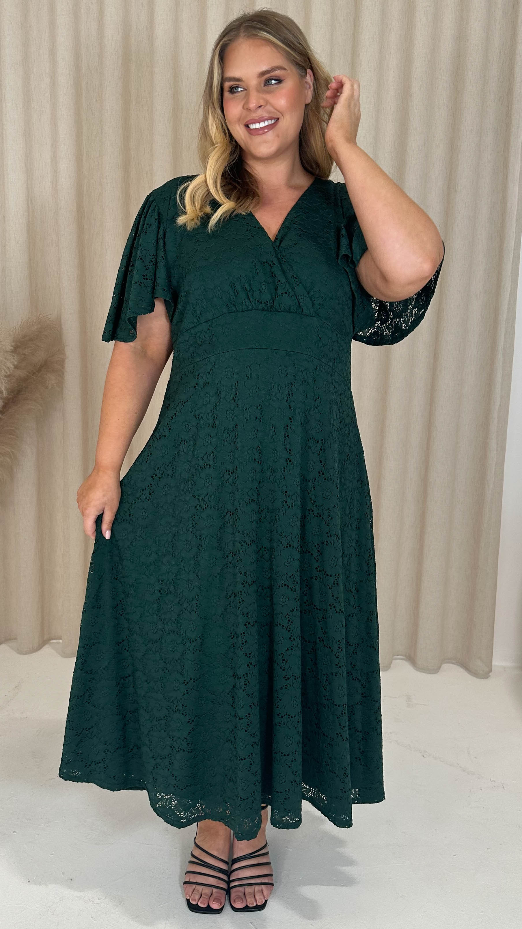 CurveWow Lace Angel Sleeve Dress Forest Green