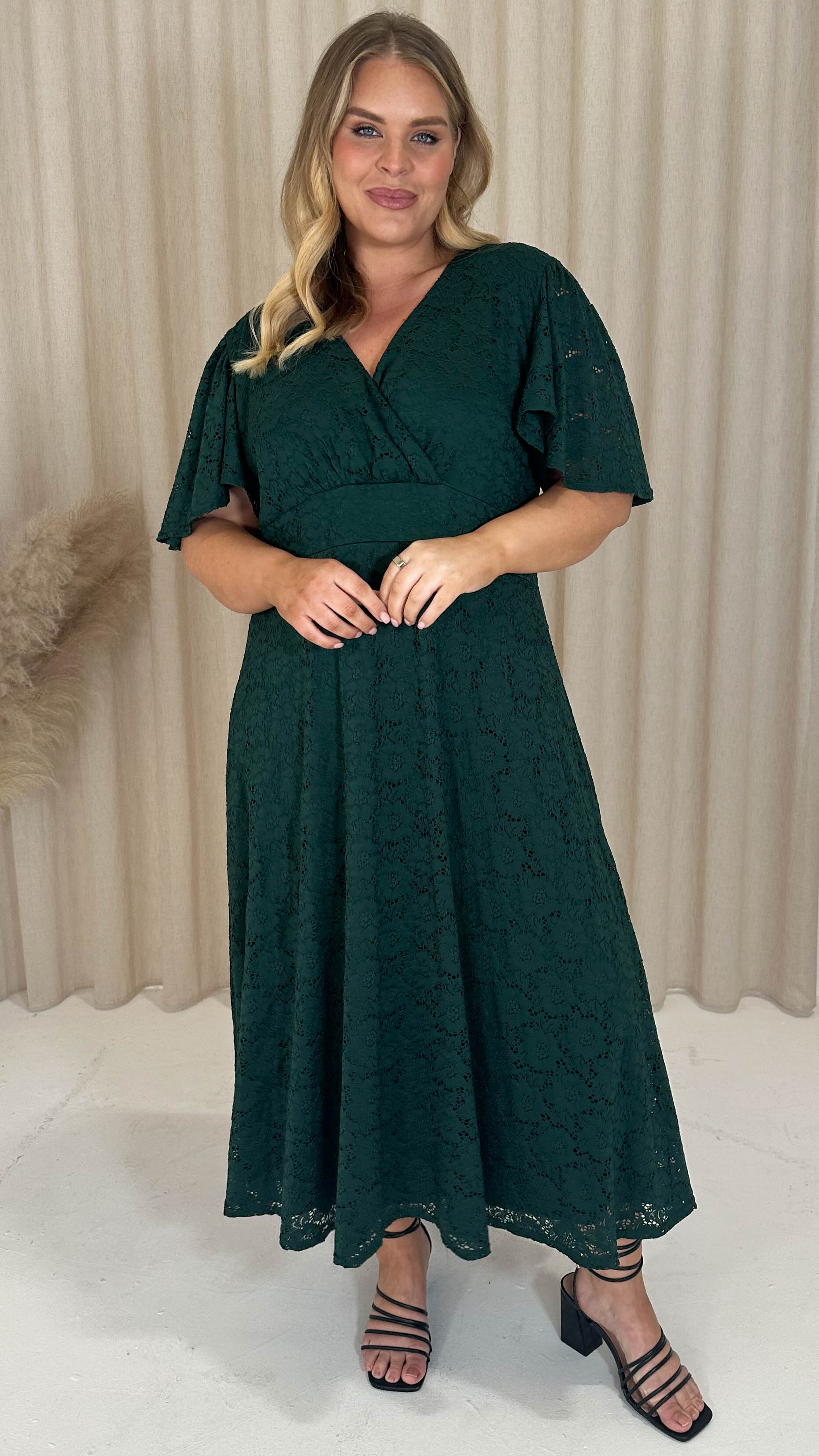 CurveWow Lace Angel Sleeve Dress Forest Green