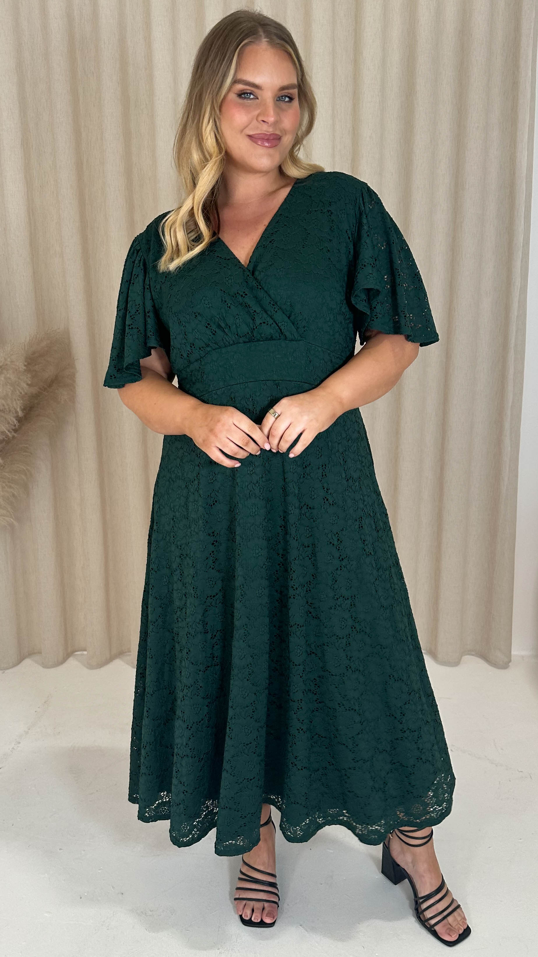 CurveWow Lace Angel Sleeve Dress Forest Green
