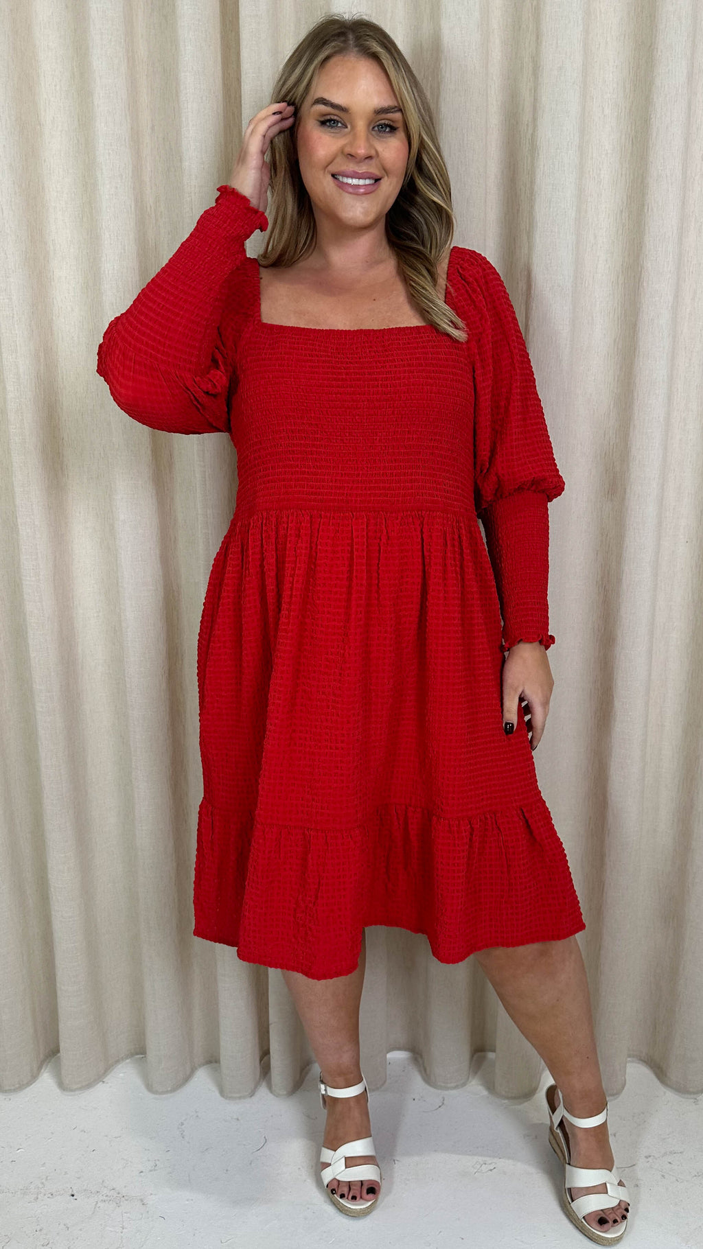 CurveWow Seersucker Puff Sleeve Dress Bright Red