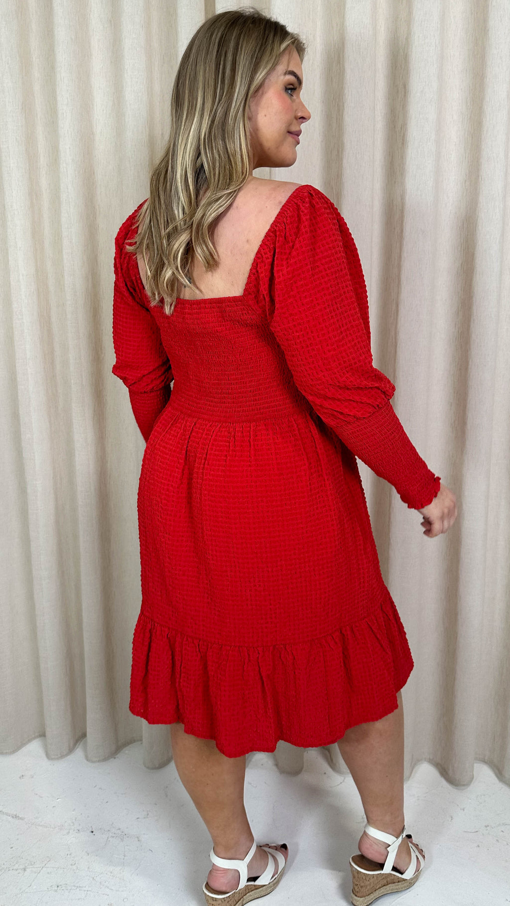 CurveWow Seersucker Puff Sleeve Dress Bright Red
