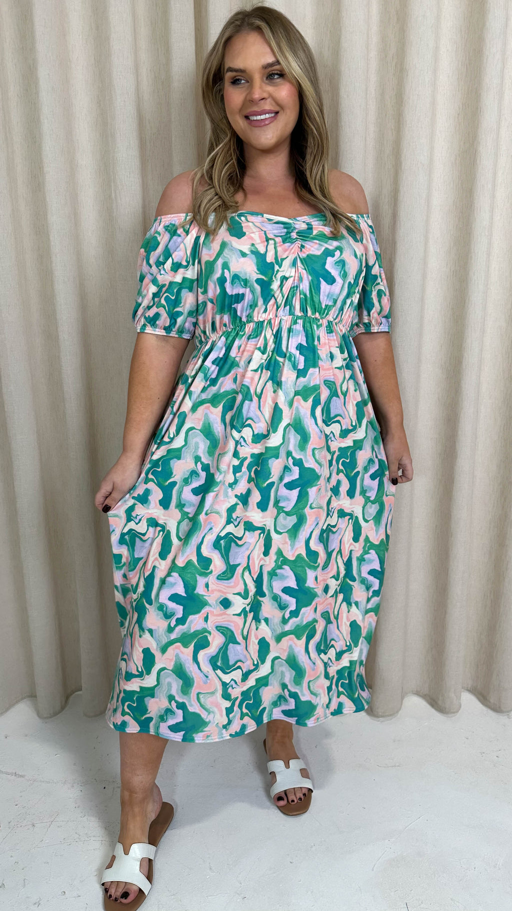 CurveWow Ruched Front Milk Maid Midi Dress Green Marble